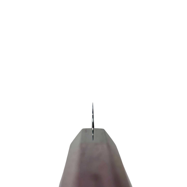 Shibata Koutetsu Aogami Super Petty 135 mm, ultra‑thin spine‑tip view against white background.