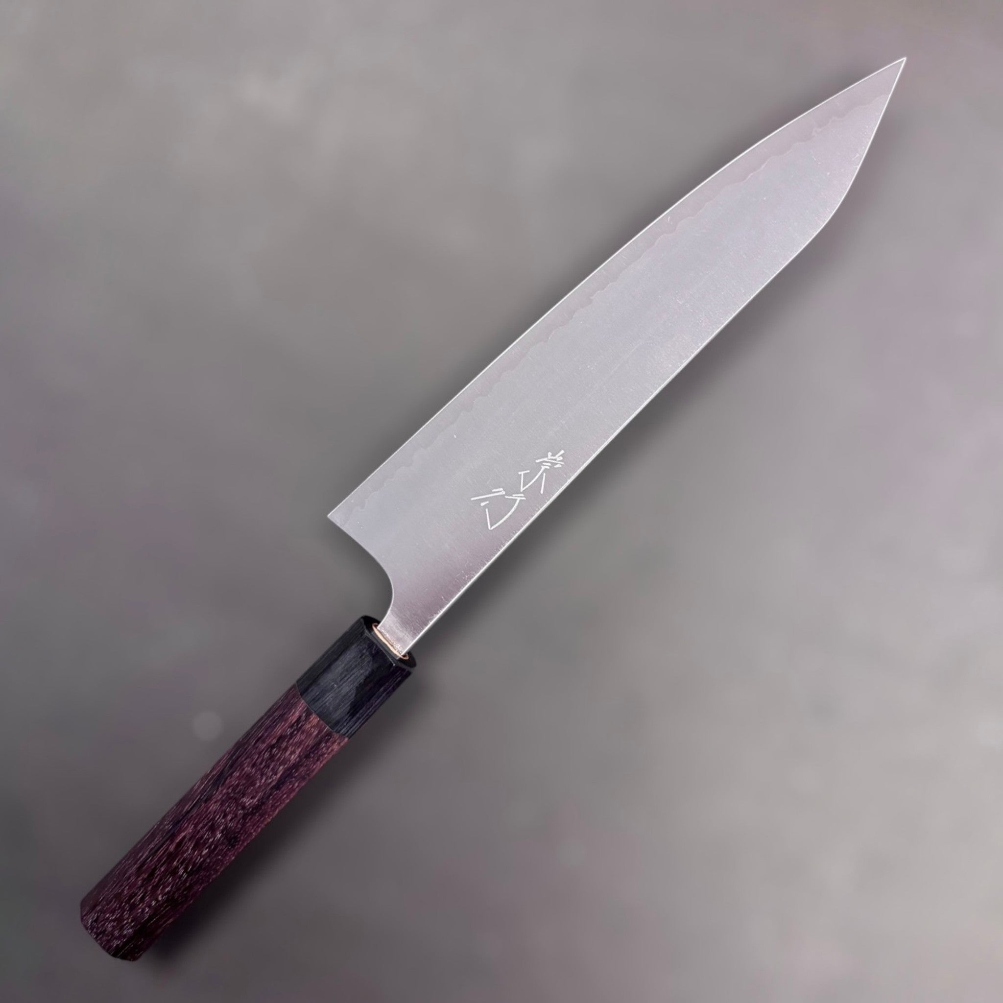 Shibata Koutetsu Aogami Super (AS) Gyuto 210 mm, reverse side showing cladding line.