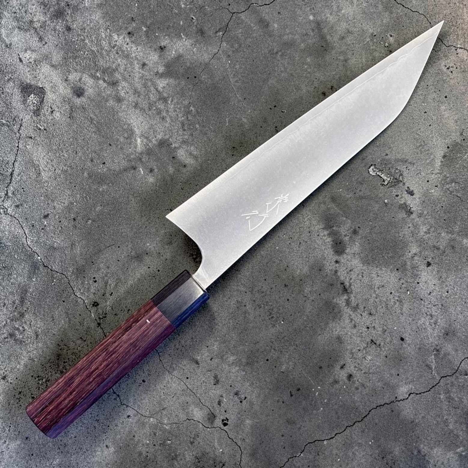 Shibata Koutetsu Chromax Gyuto 210 mm with rosewood octagon handle, angled view showing the thin gyuto profile.