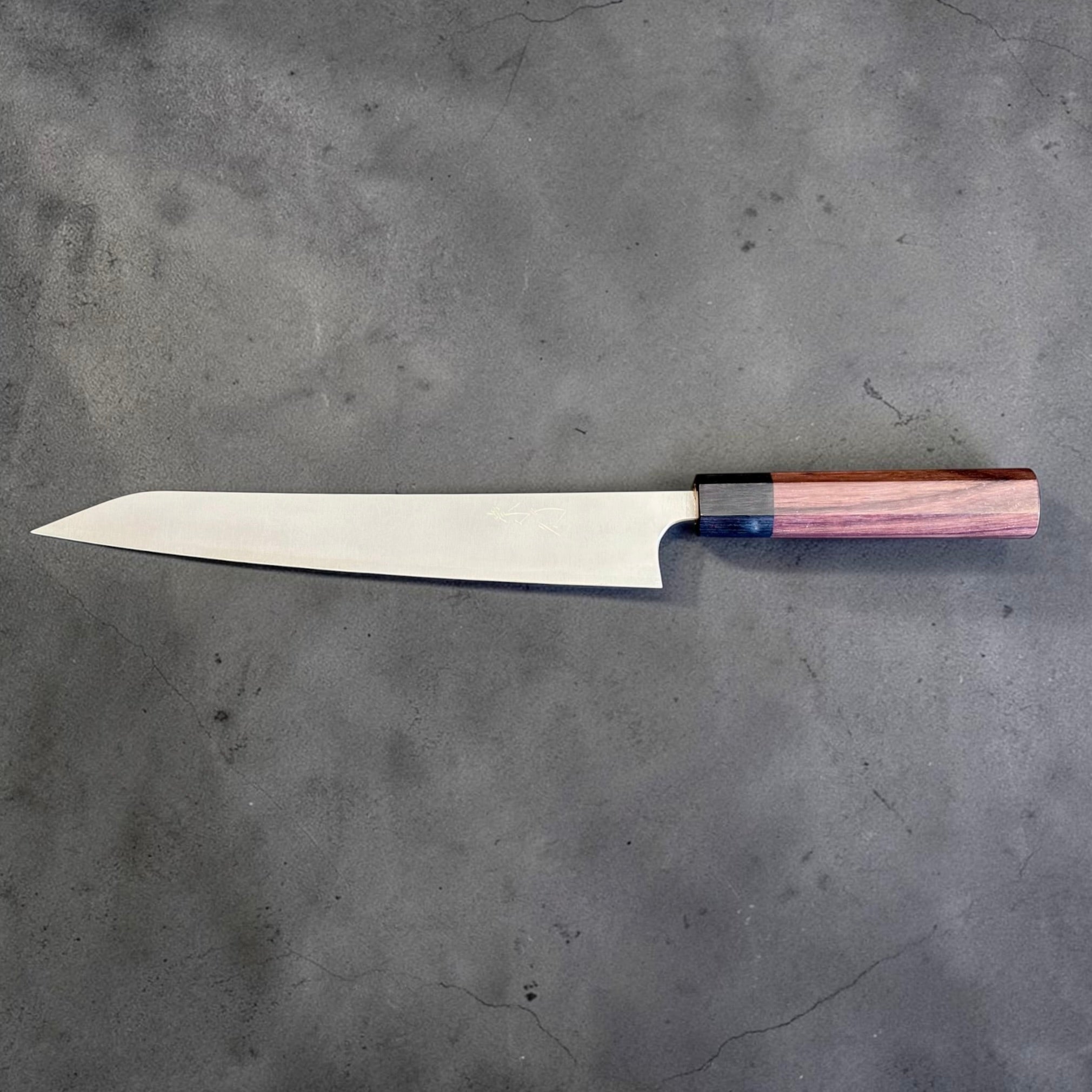 Shibata Koutetsu Chromax Sujihiki 240 mm, reverse side profile with polished blade and wood wa handle.