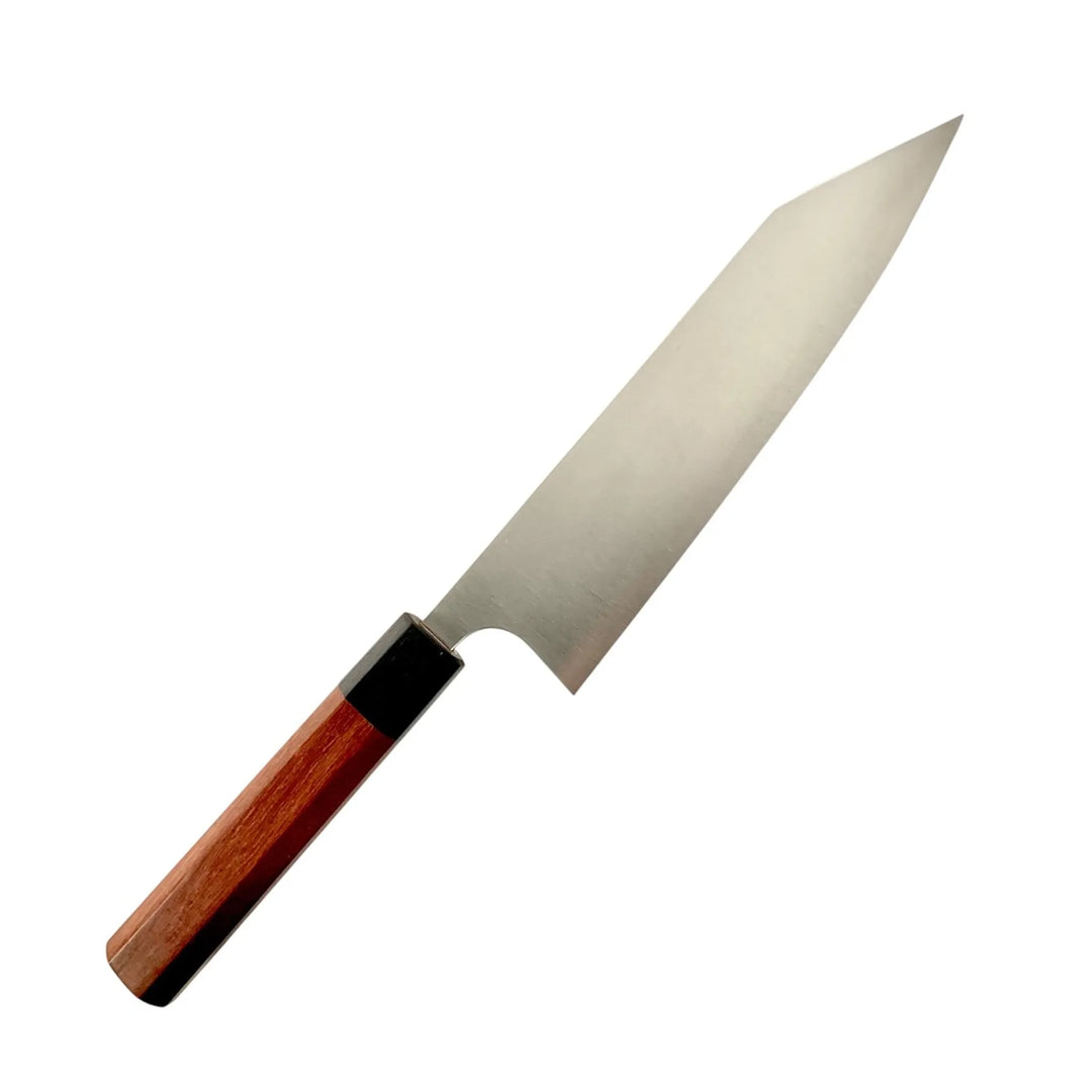 Shibata Koutetsu SG2 Battleship gyuto 195 mm full view with rosewood Wa handle on white background