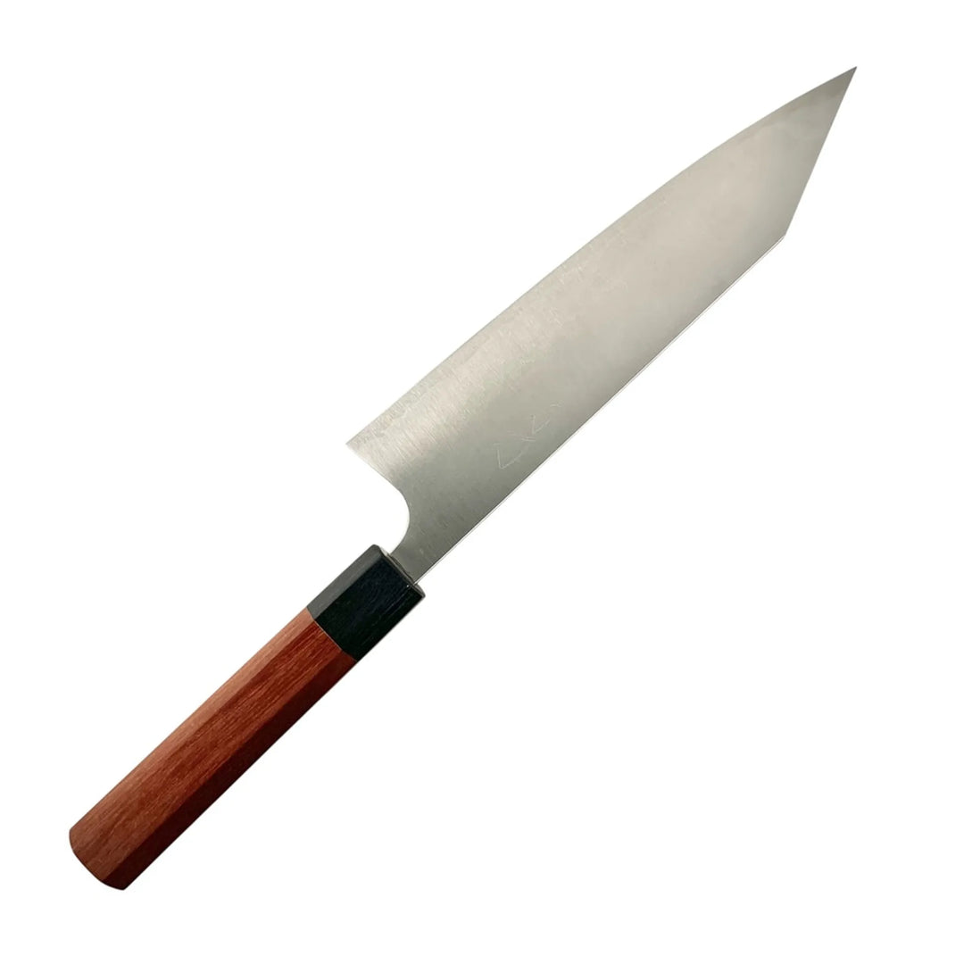 Shibata Koutetsu SG2 Battleship gyuto 195 mm angled blade view, rosewood Wa handle, white background.
