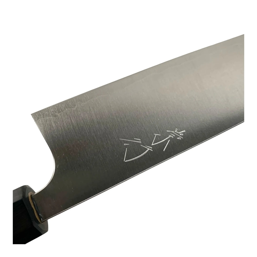 Close-up of kanji and cladding line on Shibata Koutetsu SG2 Battleship gyuto 195 mm blade.