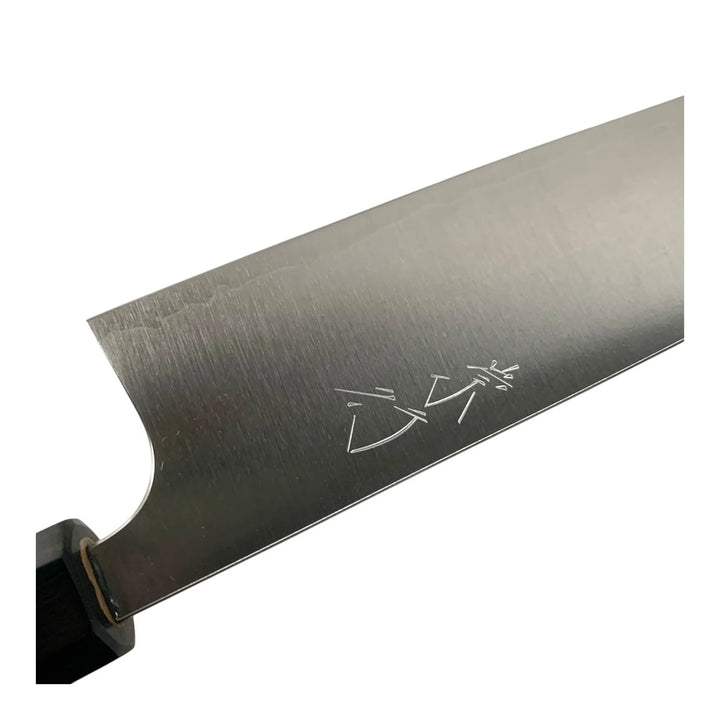 Close-up of kanji and cladding line on Shibata Koutetsu SG2 Battleship gyuto 195 mm blade.