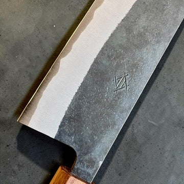 Shotaro Imai maker's mark on Aogami Super Kurouchi Gyuto 218mm with polished bevel and stainless cladding