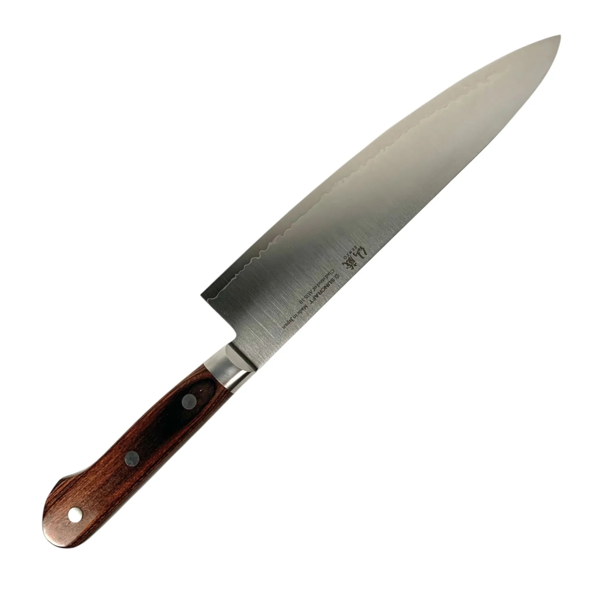 Suncraft Senzo Clad Gyuto 210 mm side view showing branding