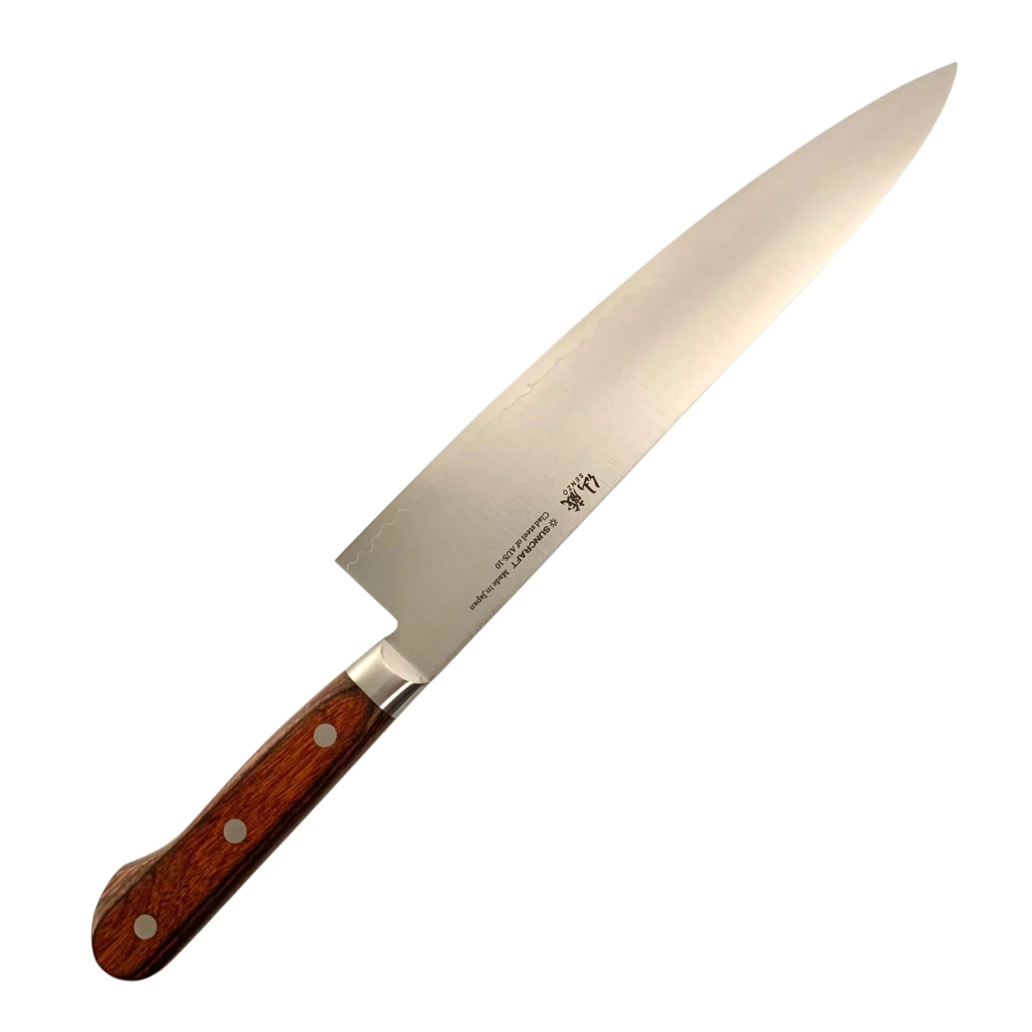 Suncraft Senzo Clad Gyuto 240 mm knife side view showing branding