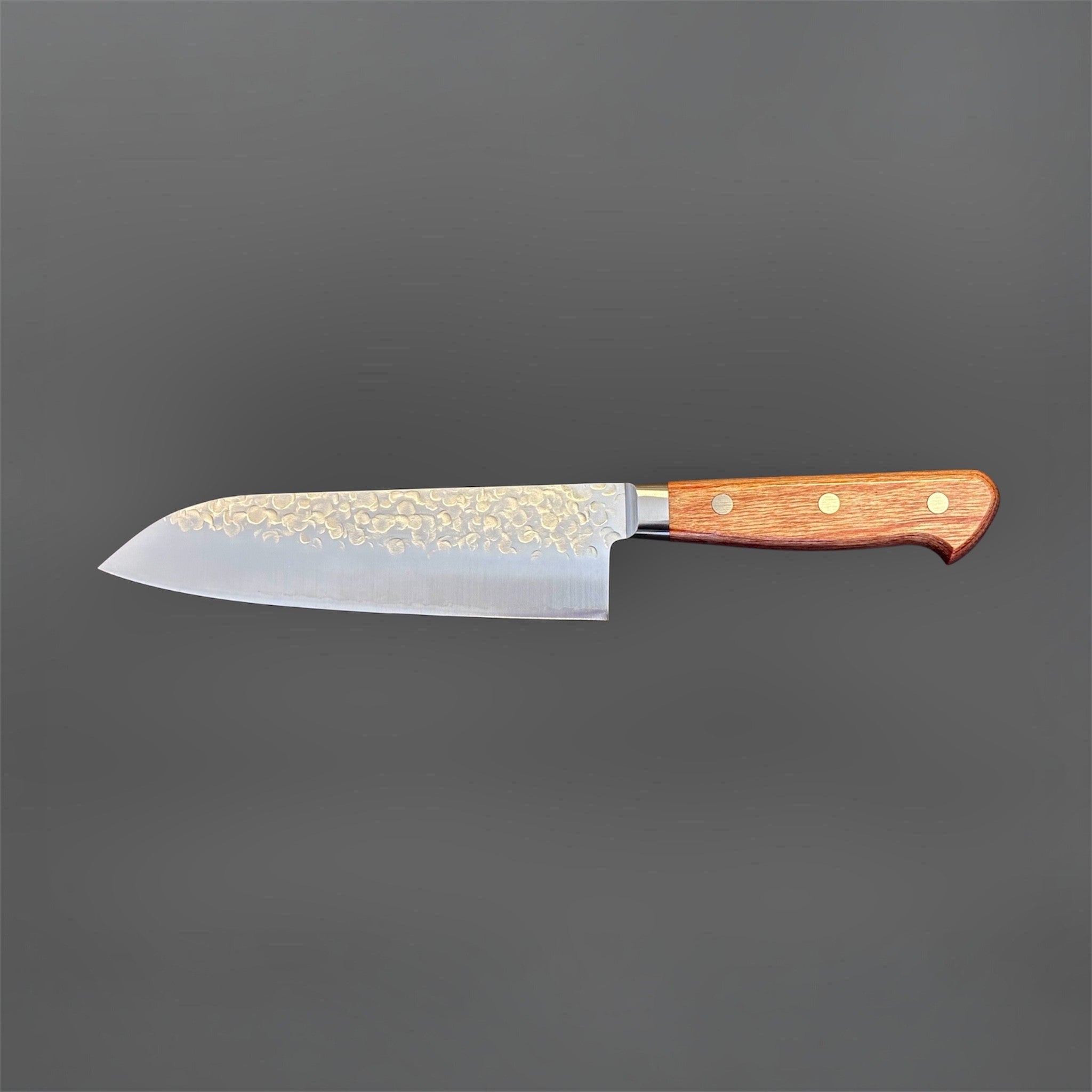 Takamura Chromax Santoku 170 mm, left-facing profile showing the hammered blade pattern and wood handle.