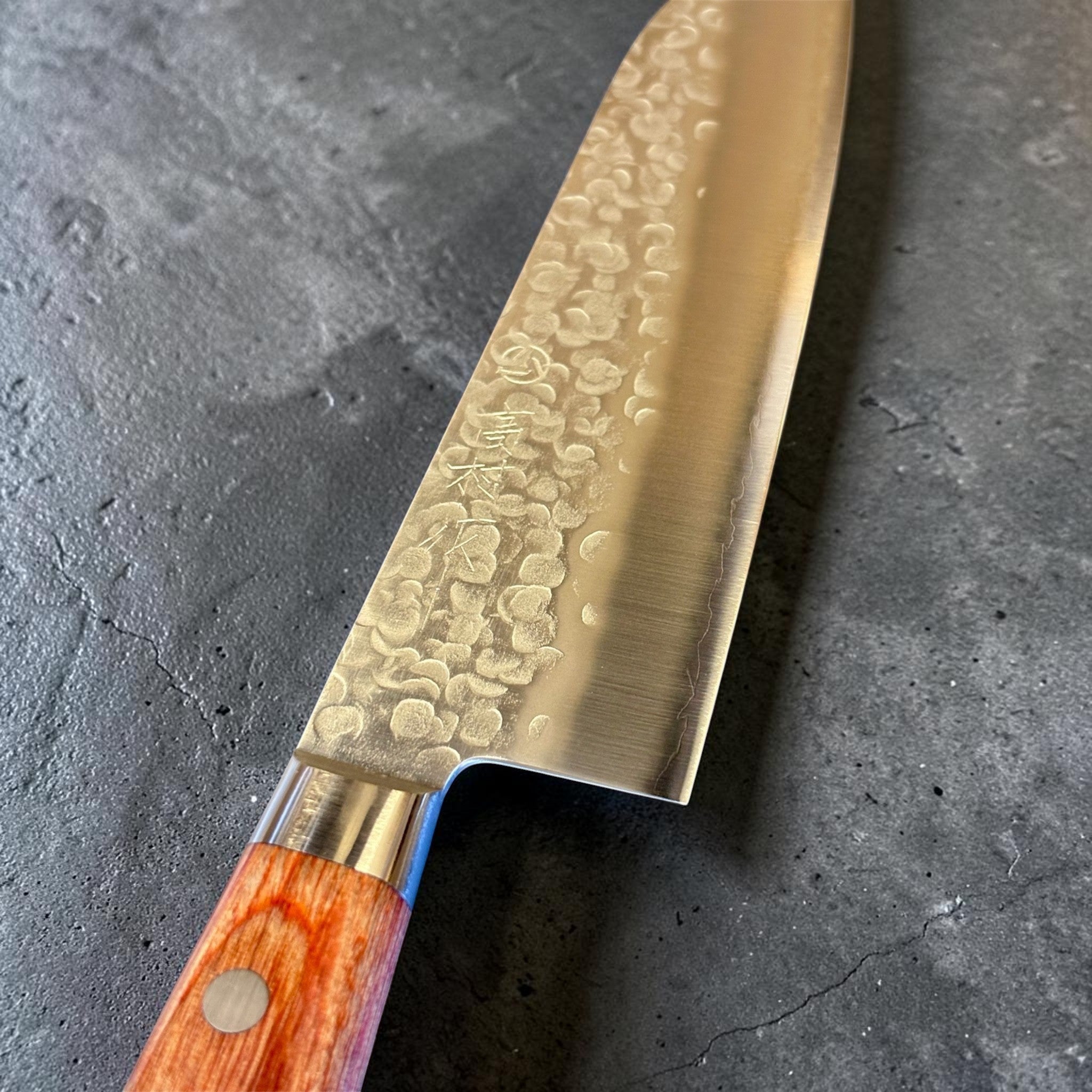 Takamura Chromax Santoku 170 mm, close-up of the hammered blade face, kanji, bolster, and western handle.