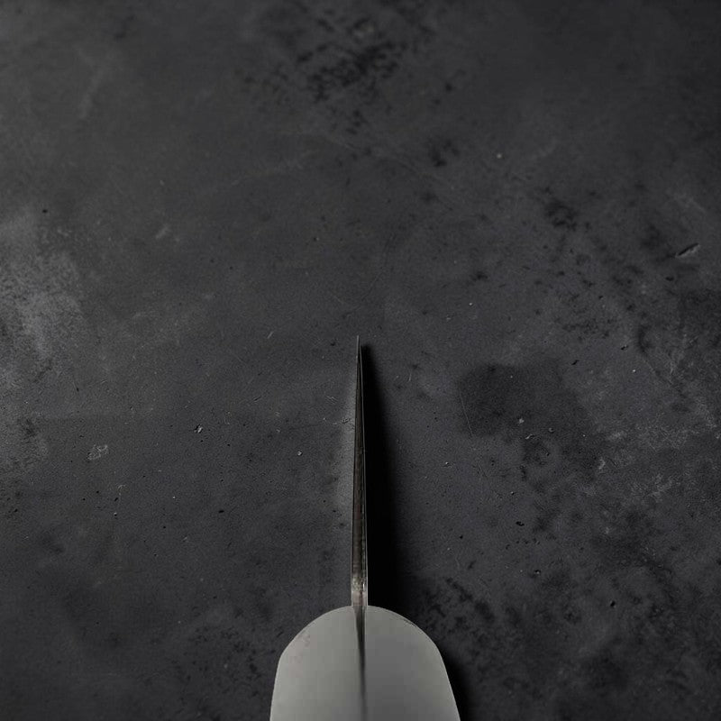 Takamura Stainless Clad Chromax Tsuchime 170mm Santoku with Black Pakkawood Scales Western Style Handle Tokushu Knife.