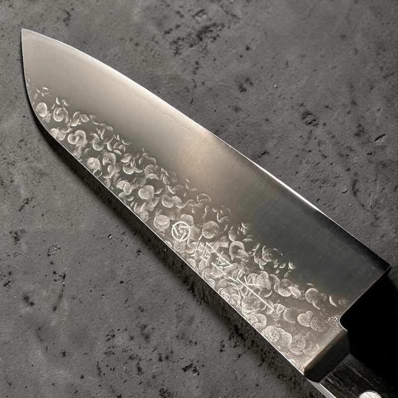 Takamura Stainless Clad Chromax Tsuchime 170mm Santoku with Black Pakkawood Scales Western Style Handle Tokushu Knife.