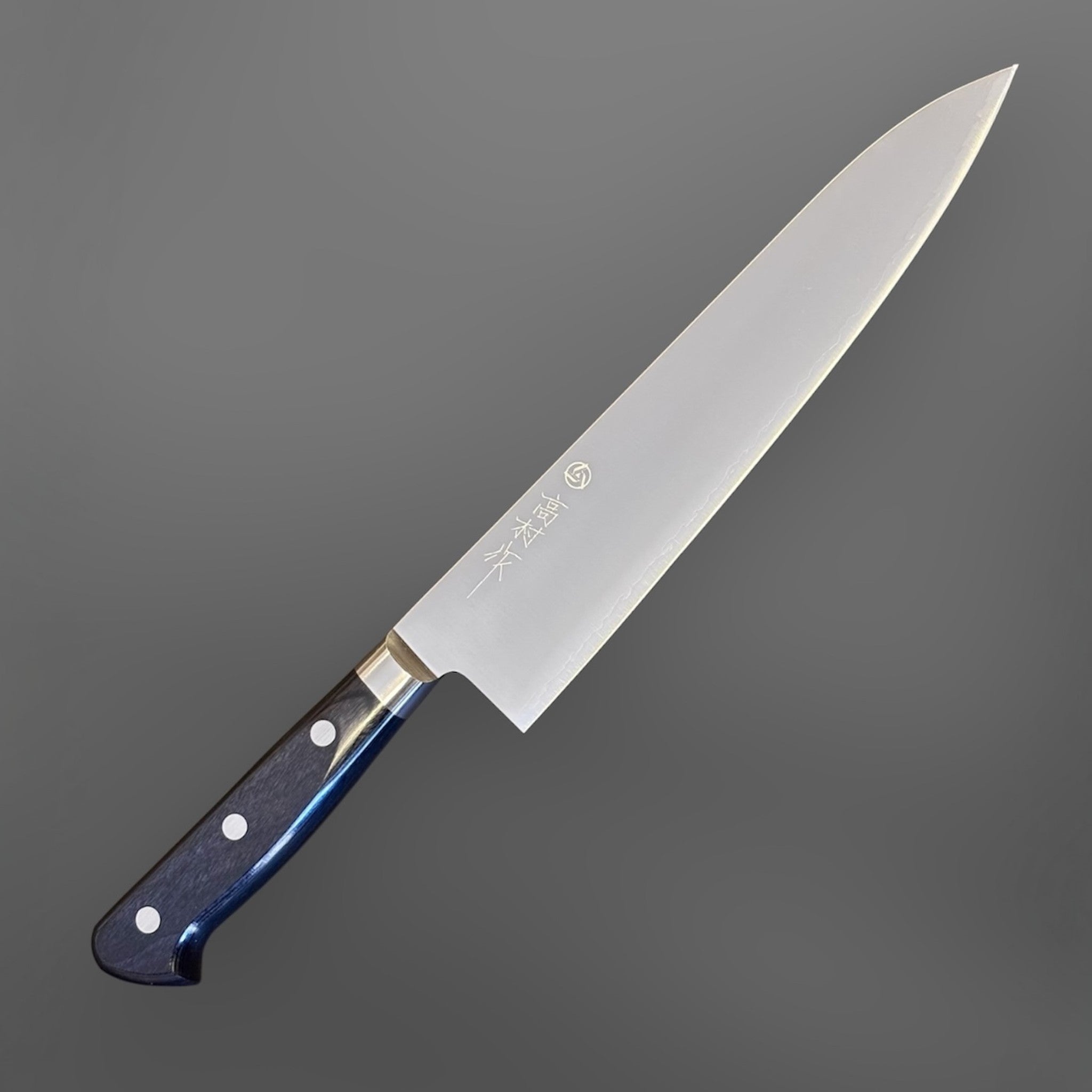 Takamura VG-10 Migaki Gyuto 210 mm with black western handle, angled full-knife view showing the maker mark.