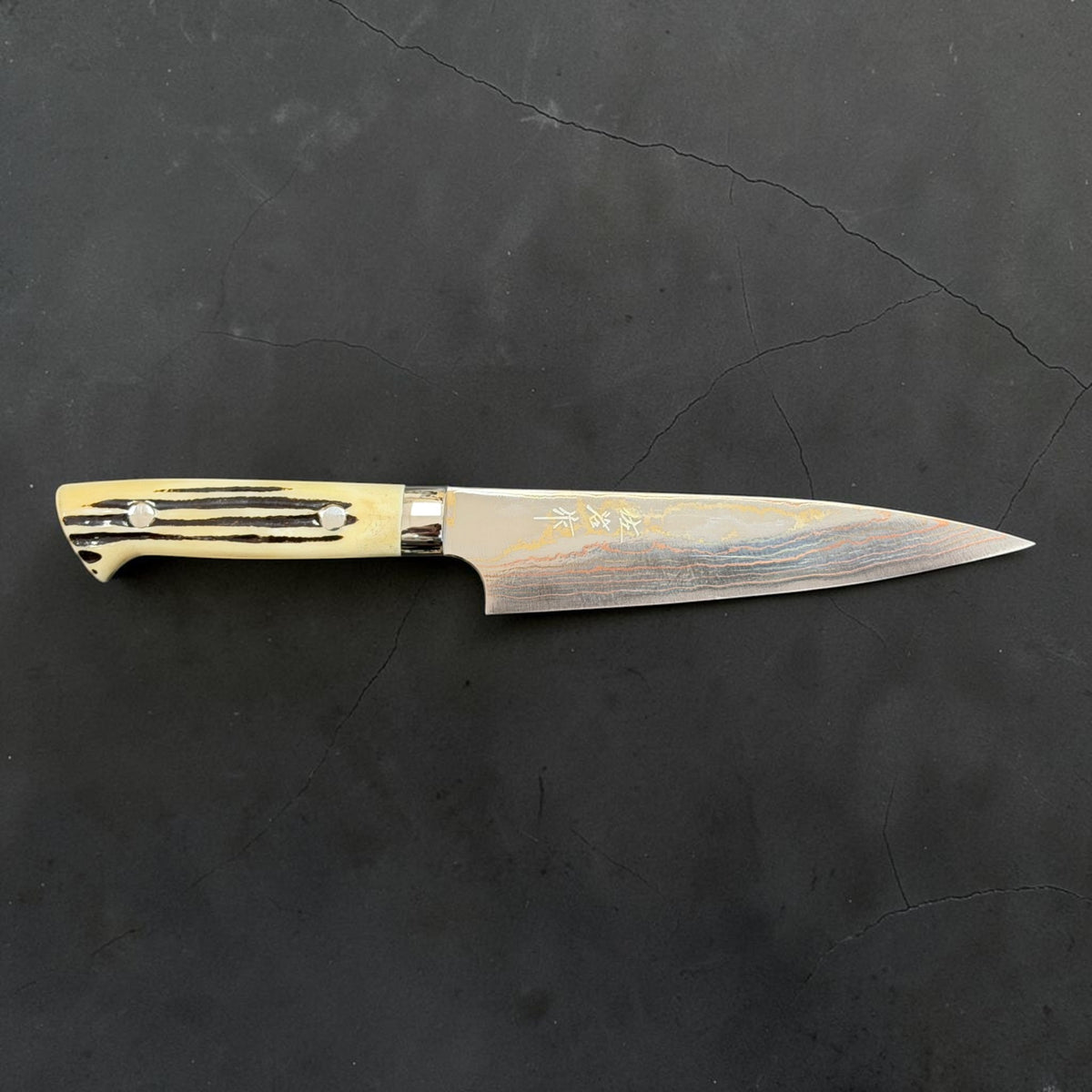 Front profile of Takeshi Saji Blue #2 Rainbow Damascus Petty 150mm with white cow-horn western handle.
