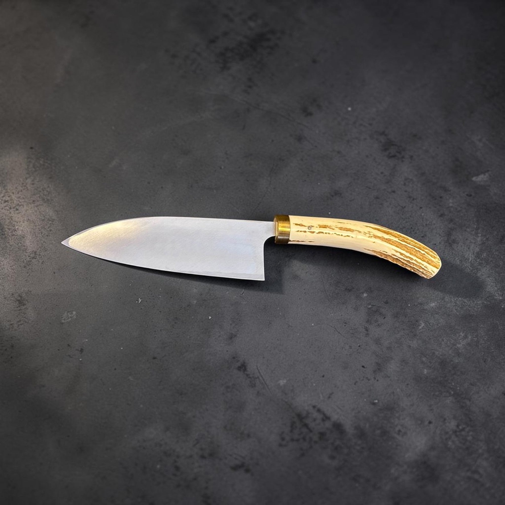 Takeshi Saji Ginsan #3 Deba 105 mm with deer antler handle, full profile view on dark textured background.