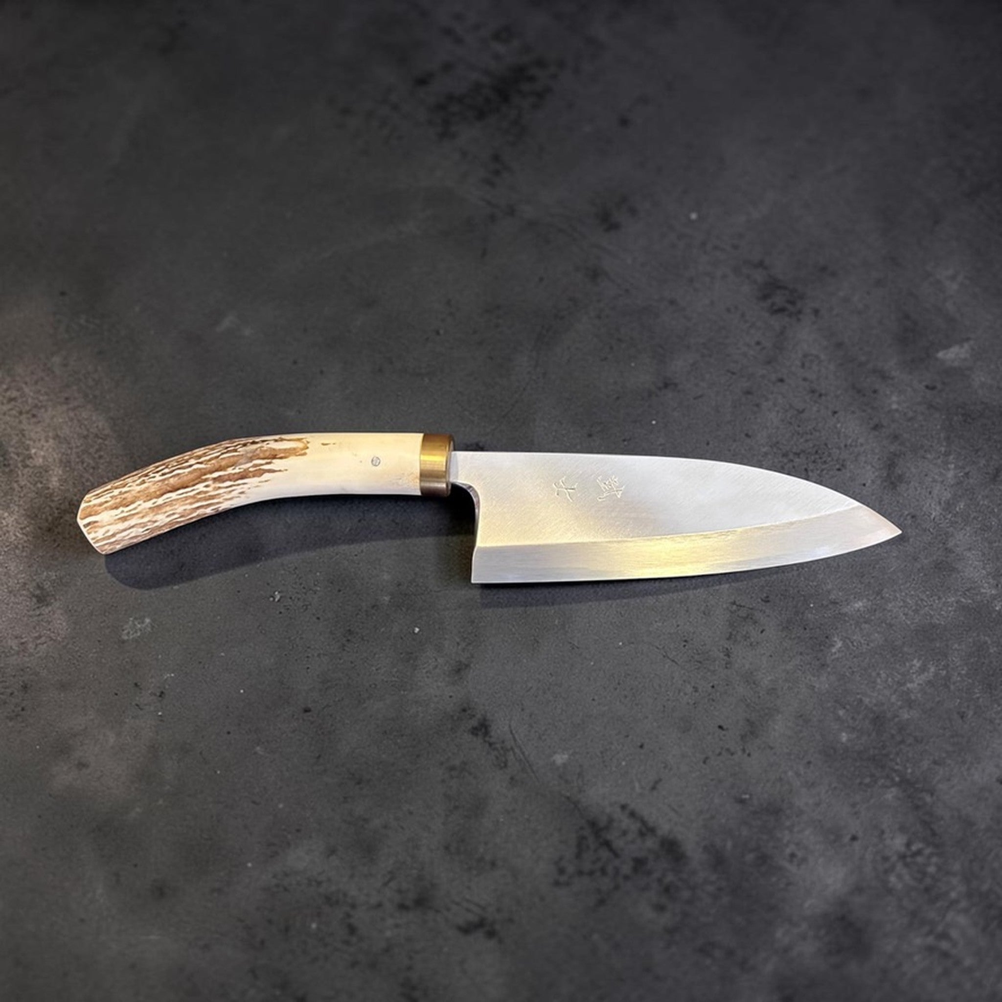 Takeshi Saji Ginsan #3 Deba 105 mm with deer antler handle, reverse full profile view showing blade face and handle texture.