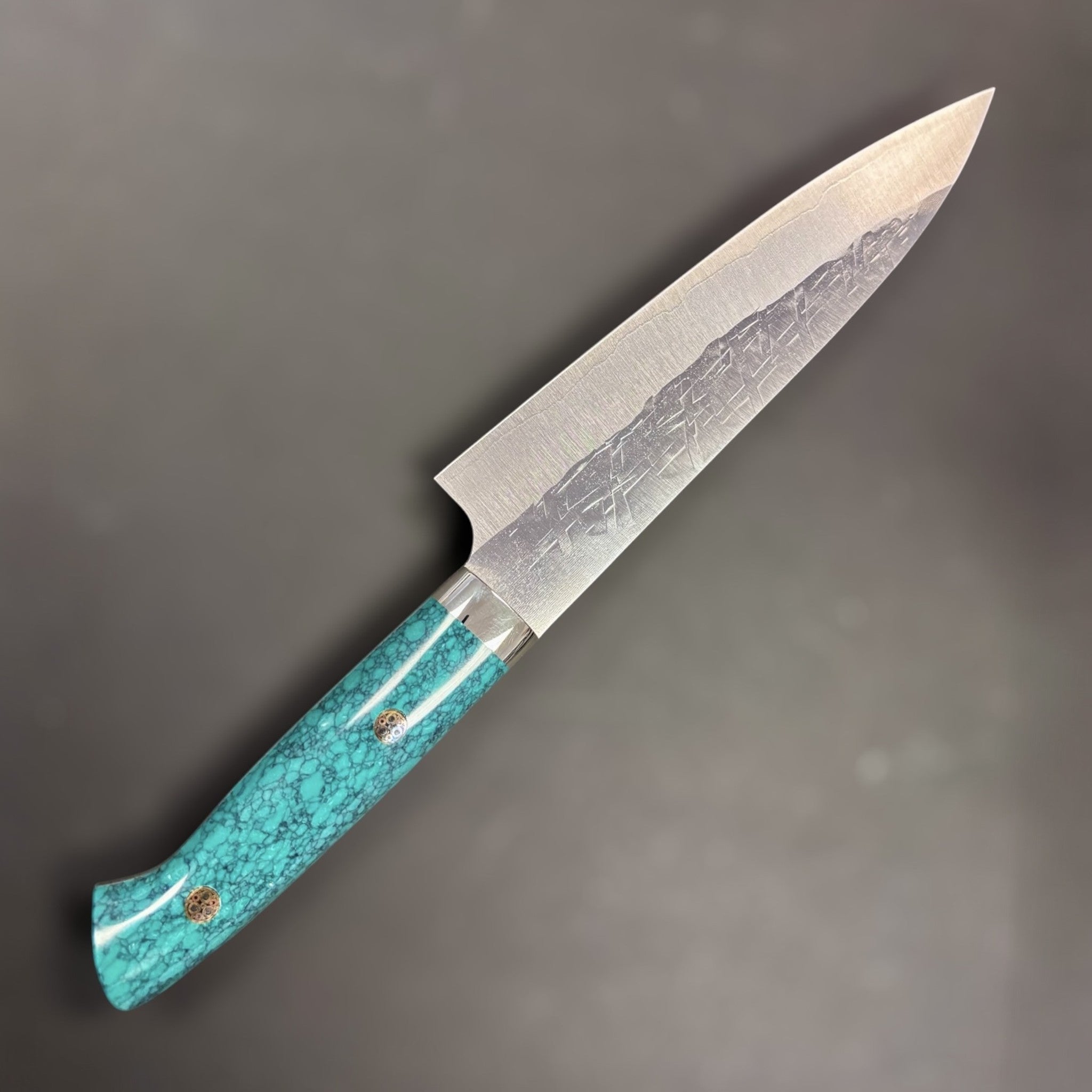Takeshi Saji SRS-13 Gyuto 180 mm with turquoise Western handle, left-side beauty shot.