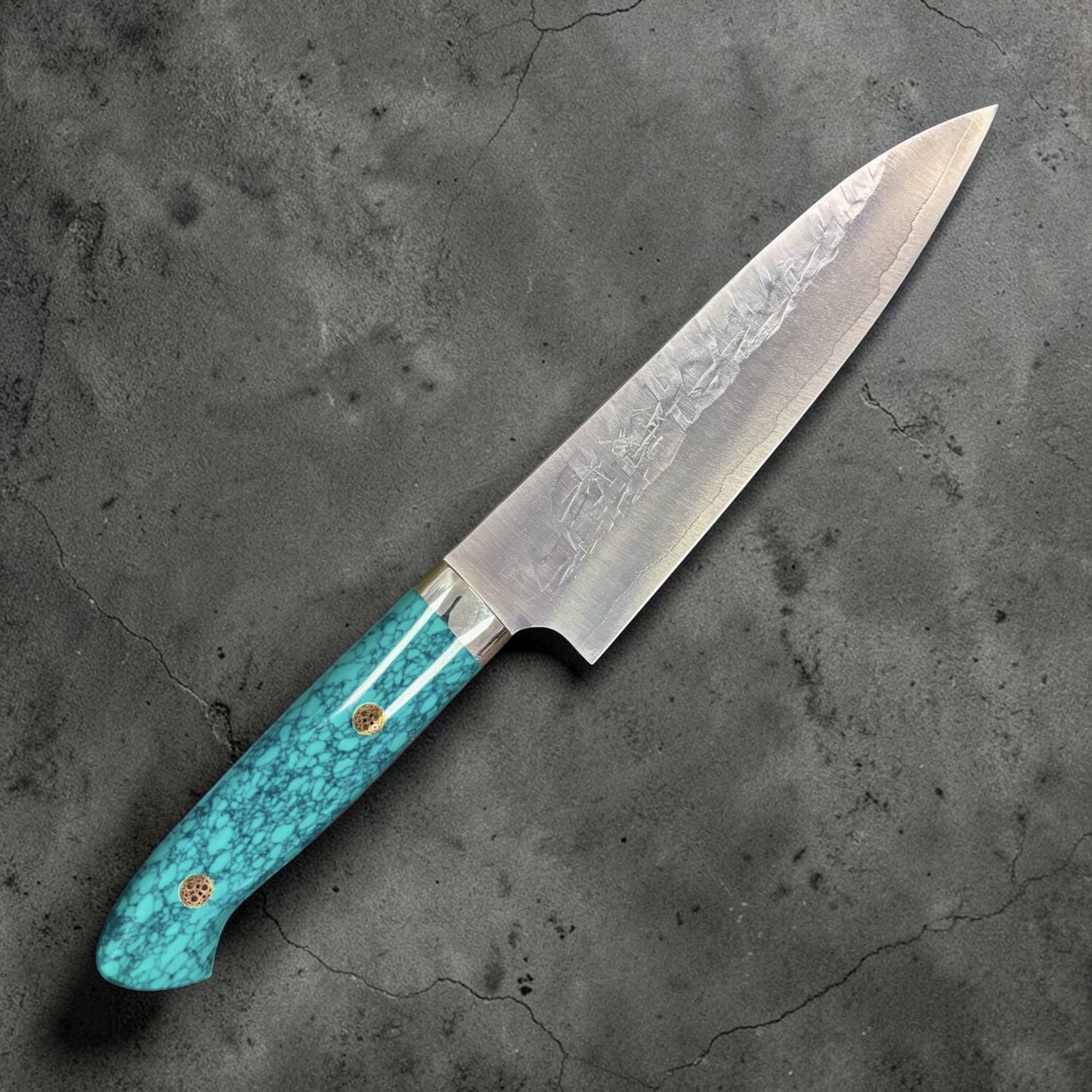 Takeshi Saji SRS-13 Gyuto 180 mm with turquoise Western handle, right‑side beauty shot.