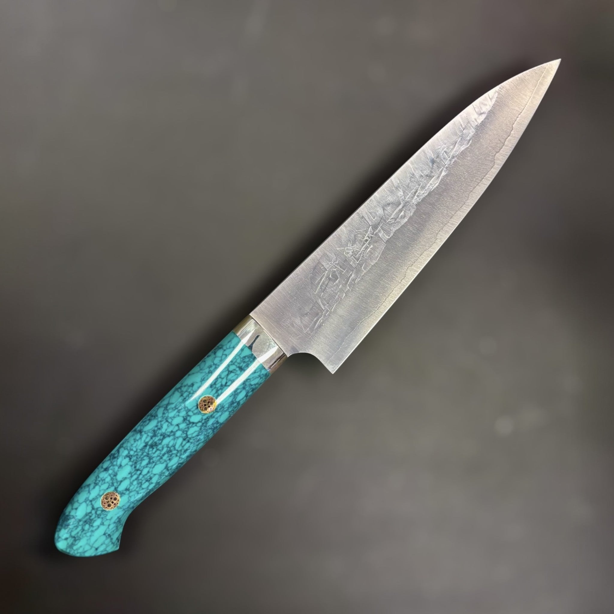 Takeshi Saji SRS-13 Gyuto 180 mm with turquoise Western handle, right‑side beauty shot.