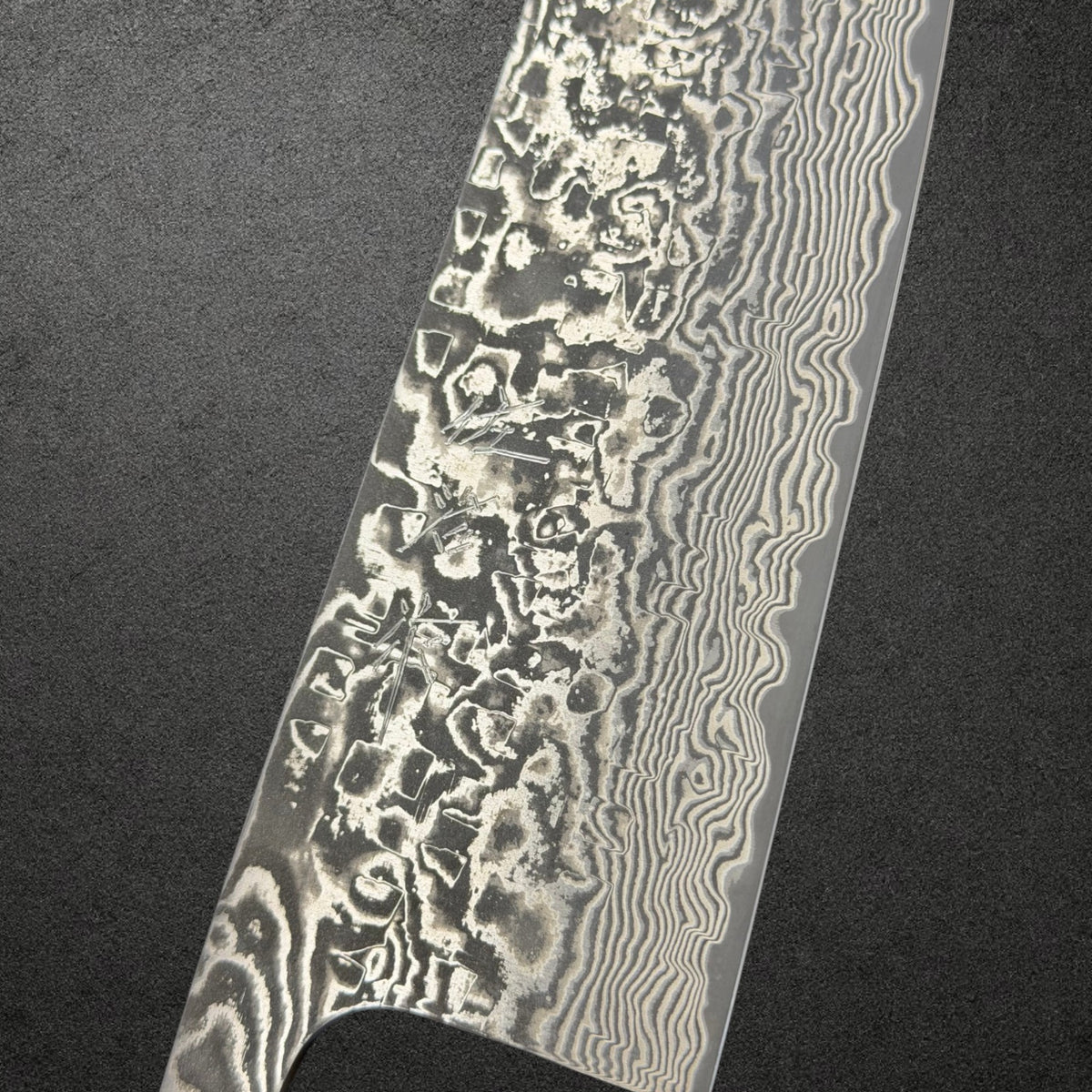 Takeshi Saji SG2 Kurozome Damascus Santoku blade only — kanji and kurozome damascus detail