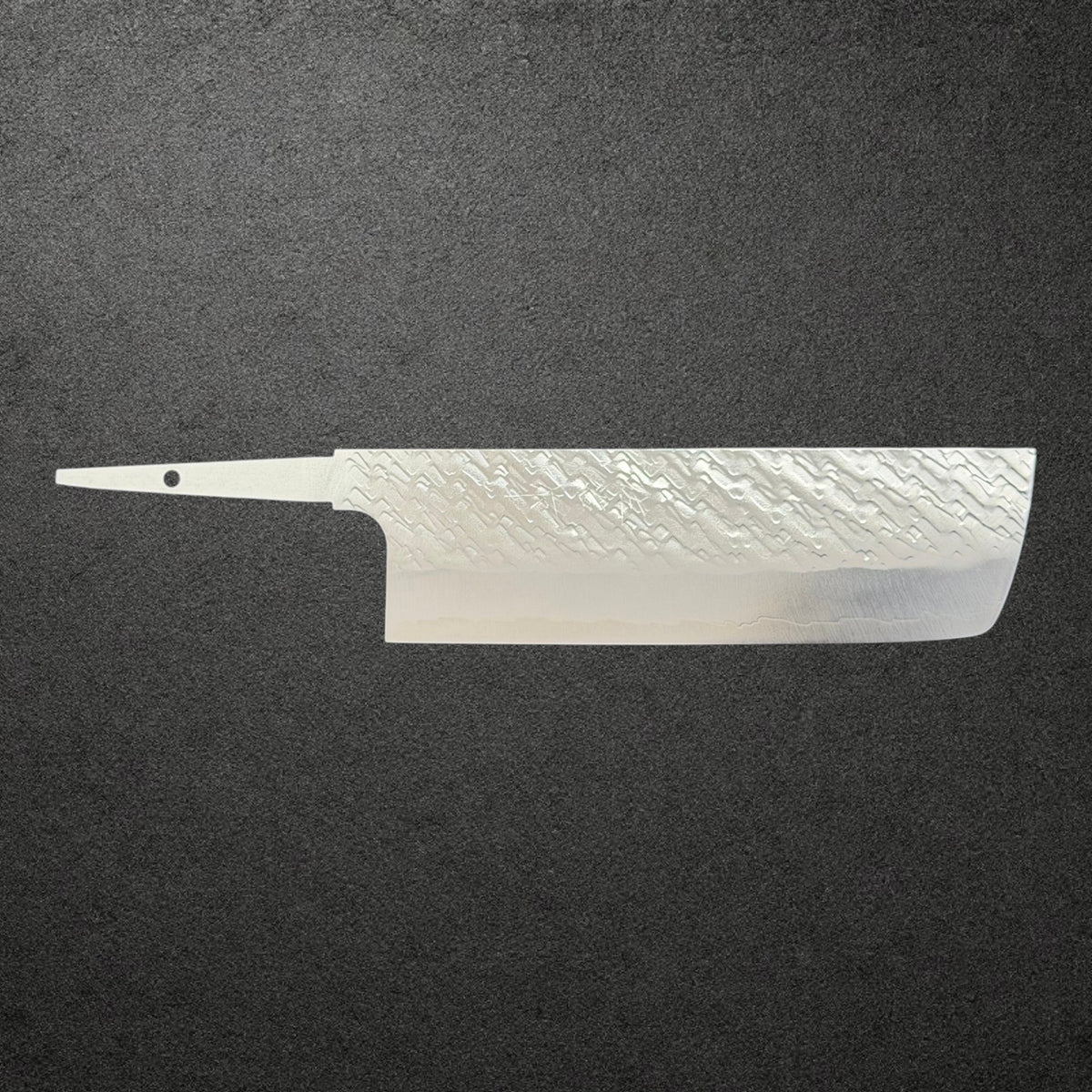 Full front profile of Takeshi Saji STRIX Tsuchime Nakiri blade only, with kanji, a rectangular blade and exposed tang.