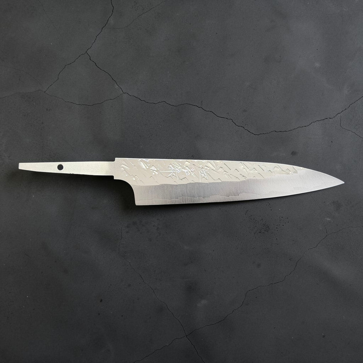 Full front profile of Takeshi Saji STRIX Tsuchime Petty 130mm blade only, with kanji and exposed tang.