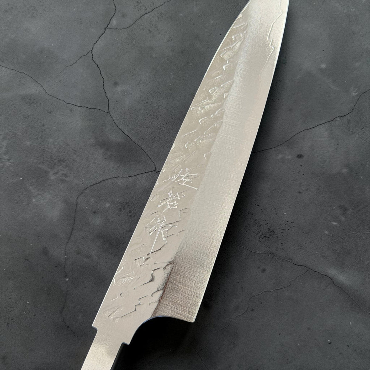 Close-up of engraved Saji kanji, polished tsuchime texture and cladding line on the STRIX petty blade.