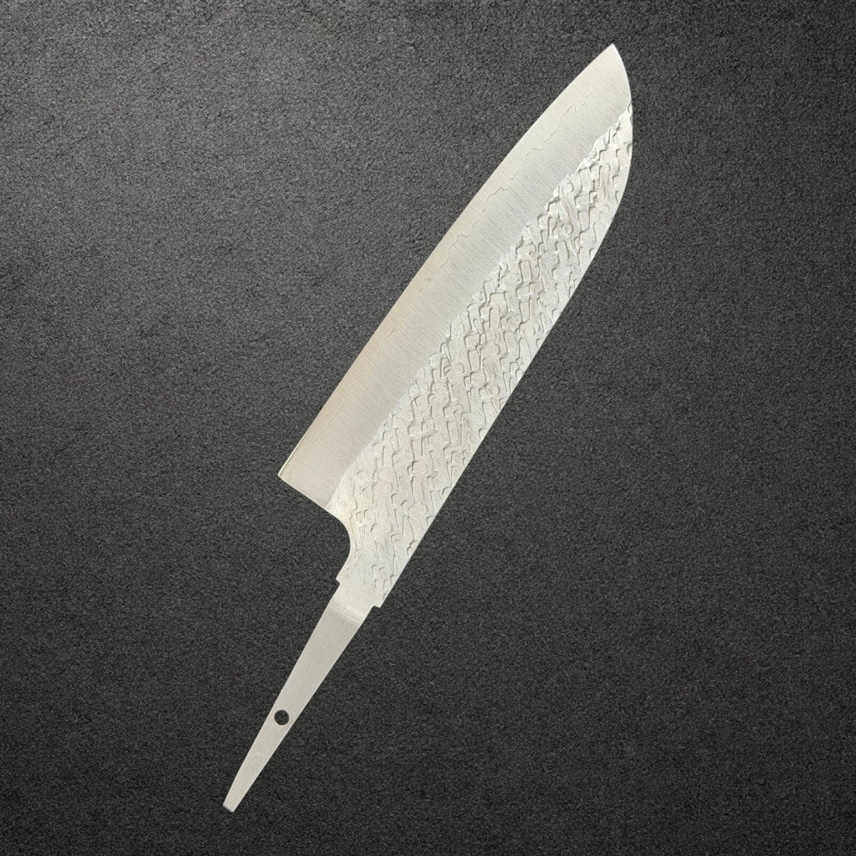Reverse angled view of Takeshi Saji STRIX Tsuchime Santoku blade only with stainless cladding and an exposed tang.
