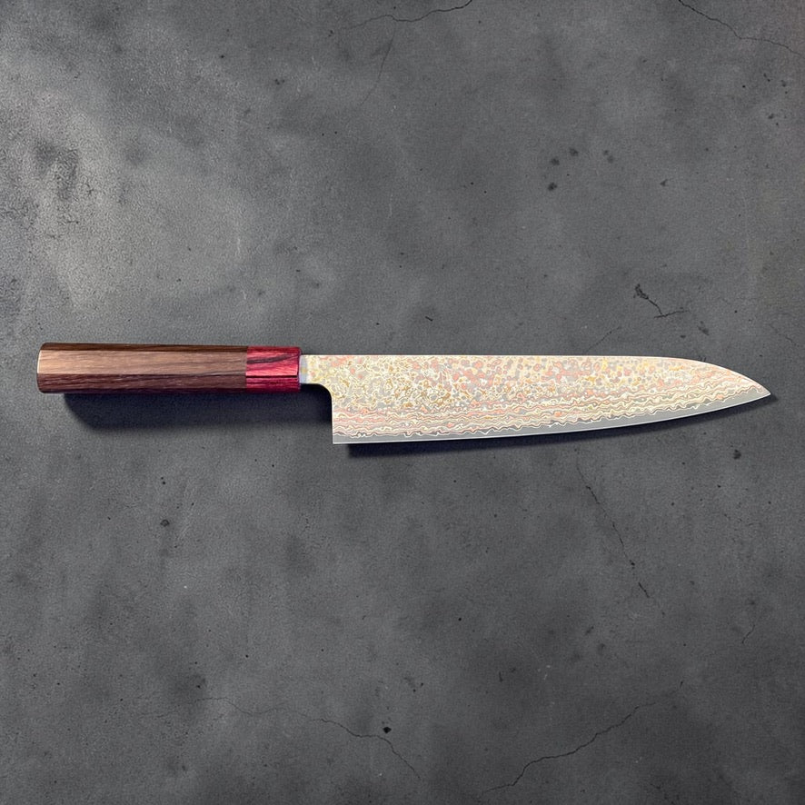Takeshi Saji VG-10W Nashiji Rainbow Gyuto 240mm, full right-side profile with rosewood and red octagonal handle.