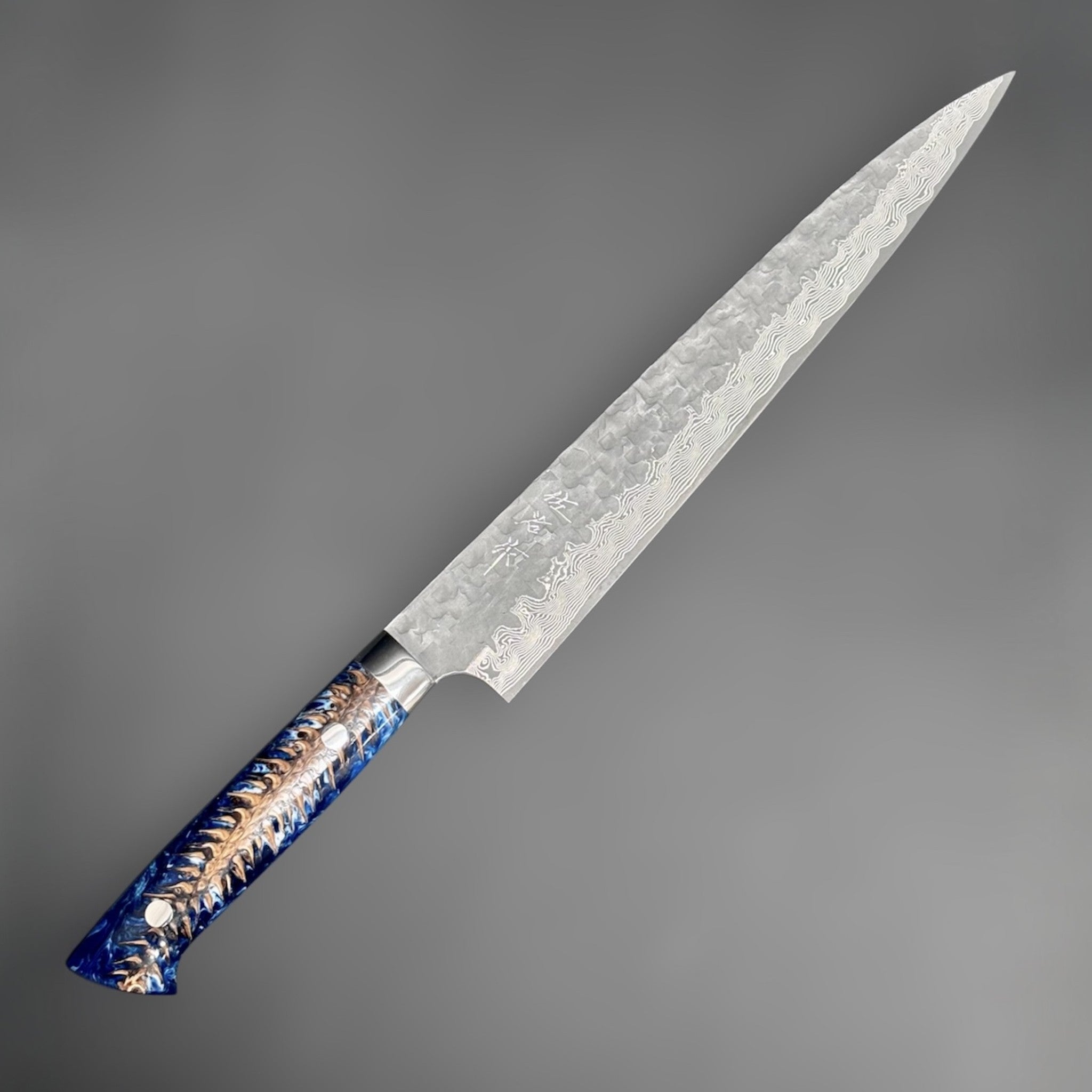 Takeshi Saji VG-10 Kuro Cross Tsuchime Sujihiki 240 mm with pinecone resin western handle, angled full-profile view showing the Damascus edge band and hammered blade texture.