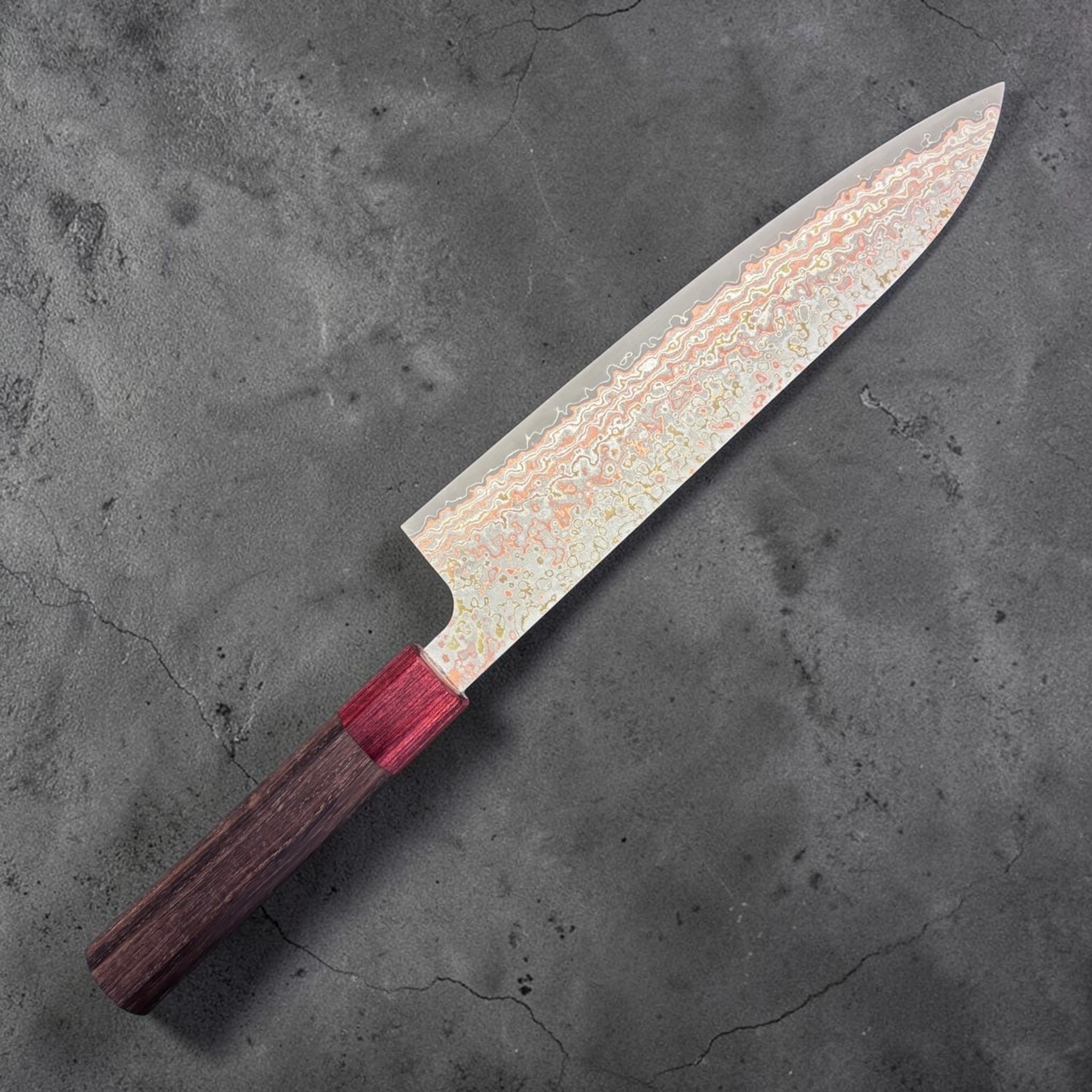 Takeshi Saji VG-10W Nashiji Rainbow Gyuto 210 mm, left-side blade view with vivid rainbow Damascus and nashiji finish.