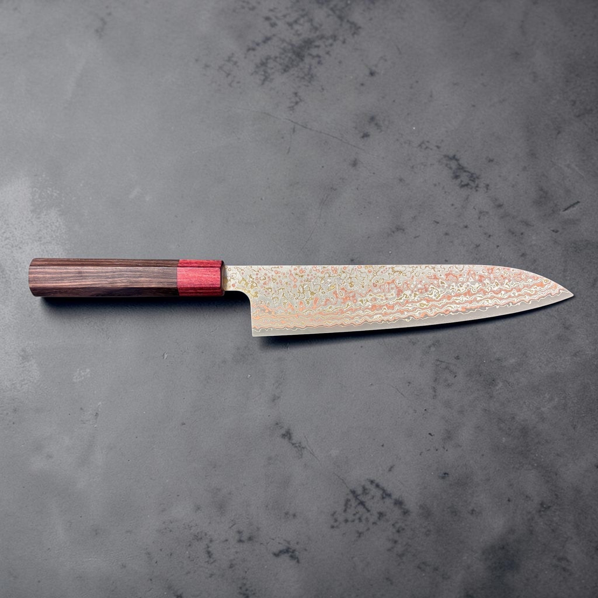 Takeshi Saji VG-10W Nashiji Rainbow Gyuto 210 mm, profile blade view with vivid rainbow Damascus and nashiji finish.