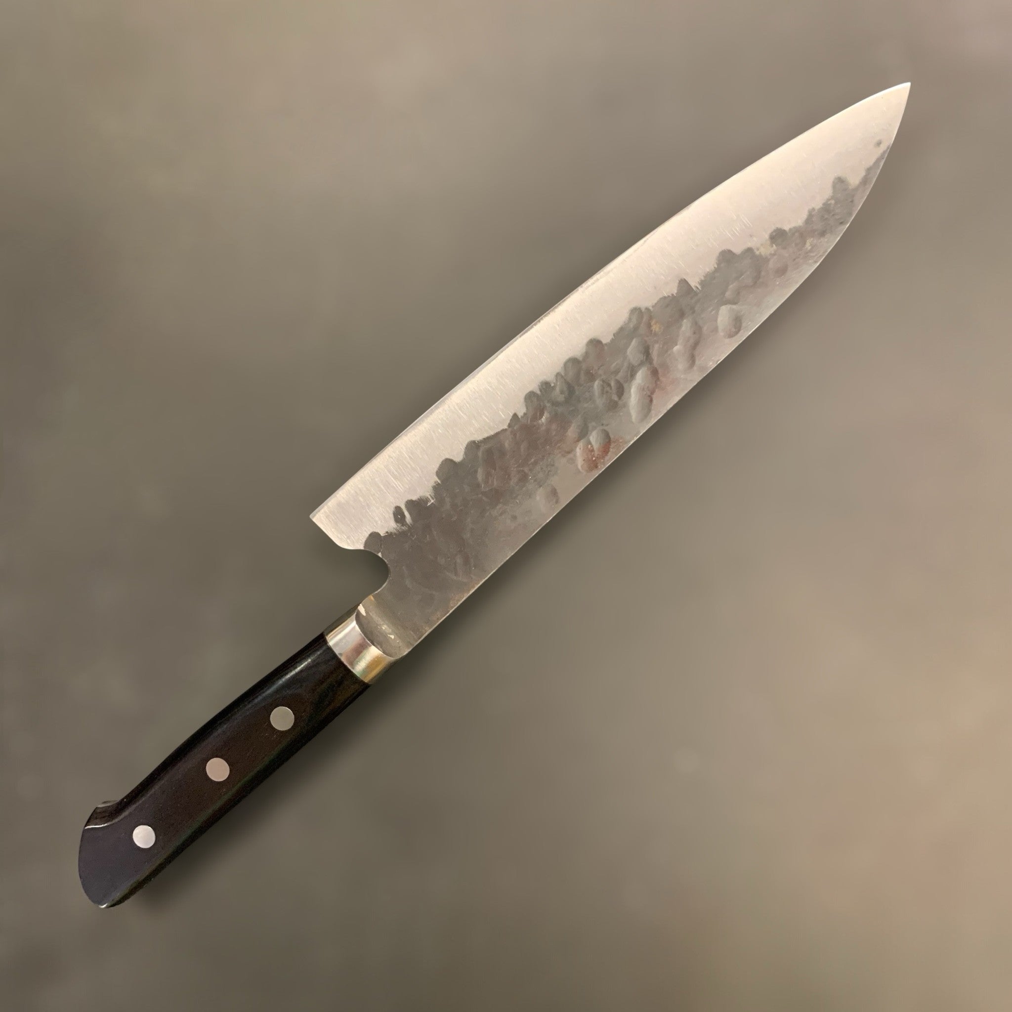 Teruyasu Fujiwara Denka Aogami Super Gyuto 195mm, full left-side view with Damascus-like hammer finish.