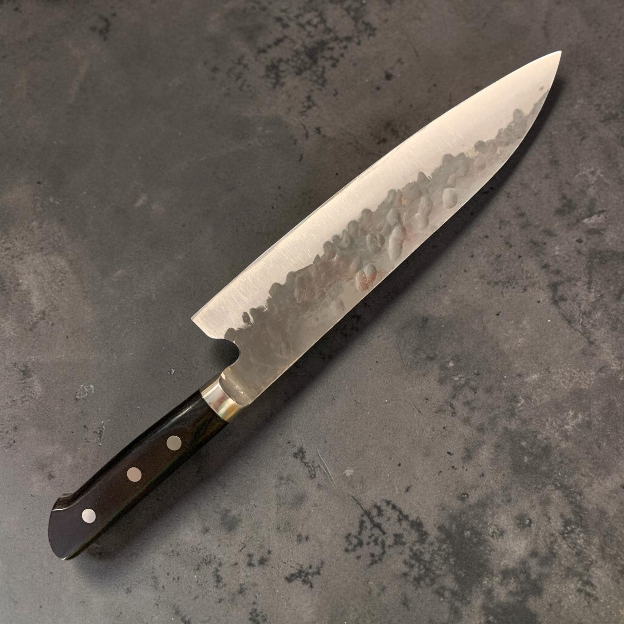 Teruyasu Fujiwara Denka Aogami Super Gyuto 195mm, full left-side view with Damascus-like hammer finish.