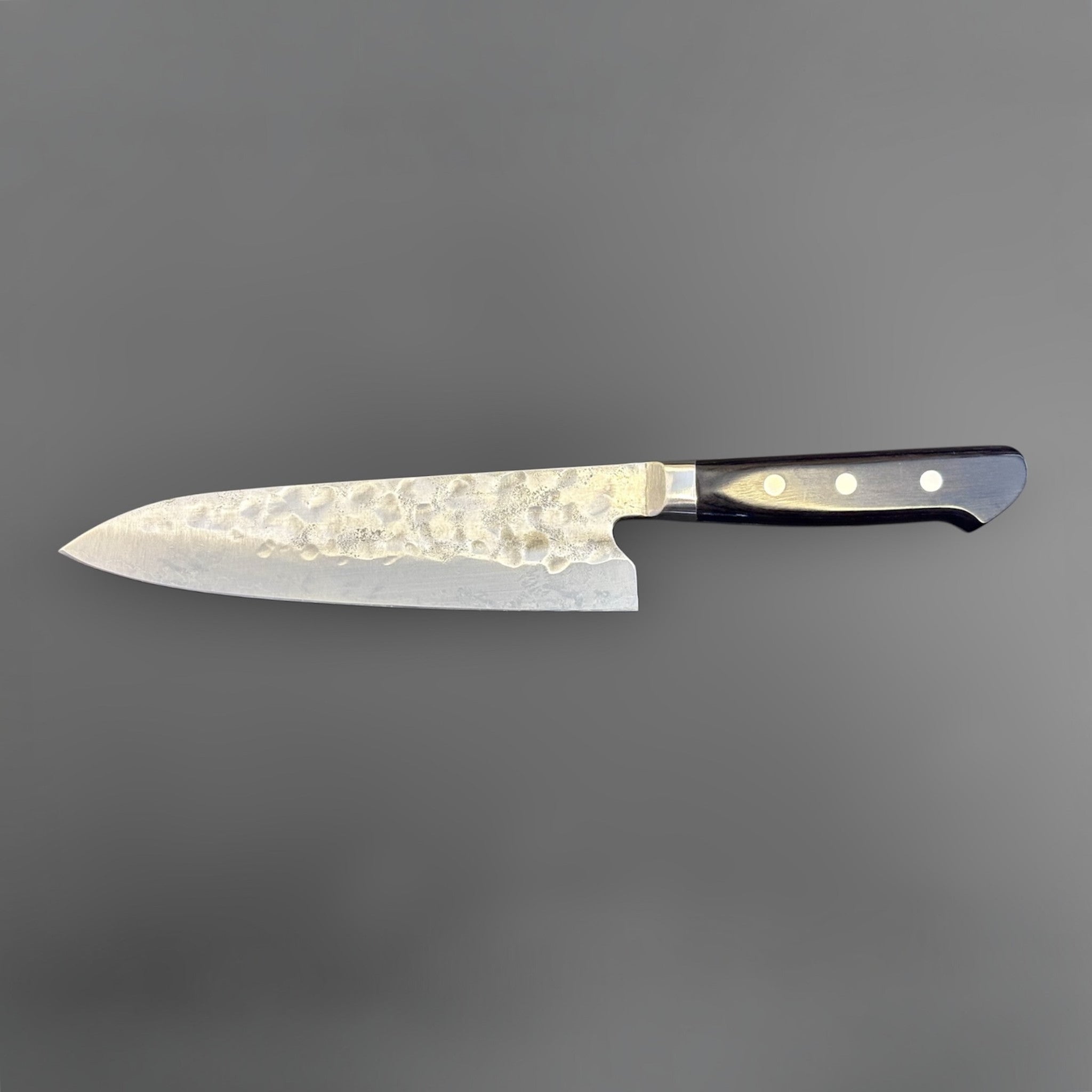 Teruyasu Fujiwara Maboroshi Gyuto 195 mm with western handle, reverse full profile view highlighting the hammered-forged texture and clean cutting edge.