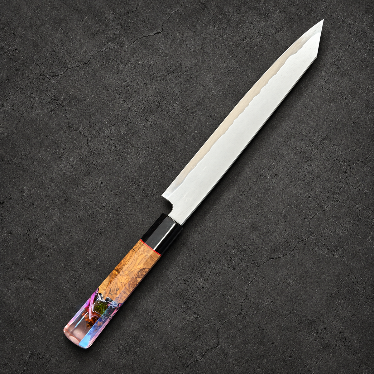 Tetsujin Blue No. 2 Kiritsuke Sujihiki 210mm with Prisma handle, reverse angled view