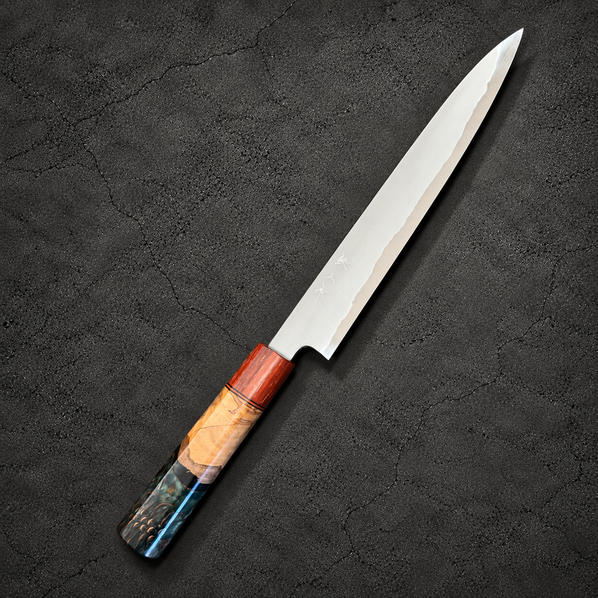 Tetsujin Blue No. 2 So-Kasumi Sujihiki 210mm with Prisma handle, angled front view