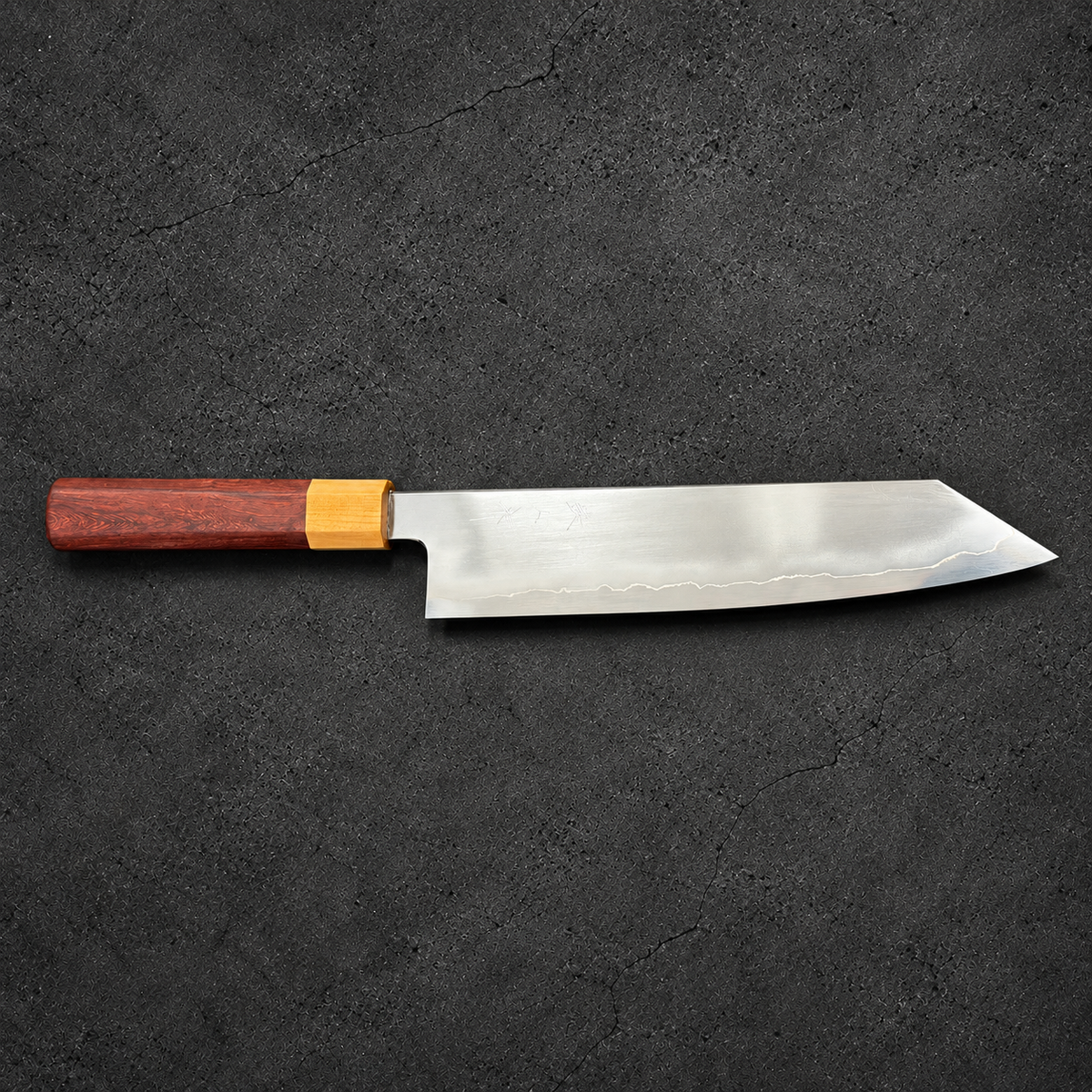 Tetsujin Ukiba Kiritsuke Gyuto 240mm front side profile with rosewood and white-top handle