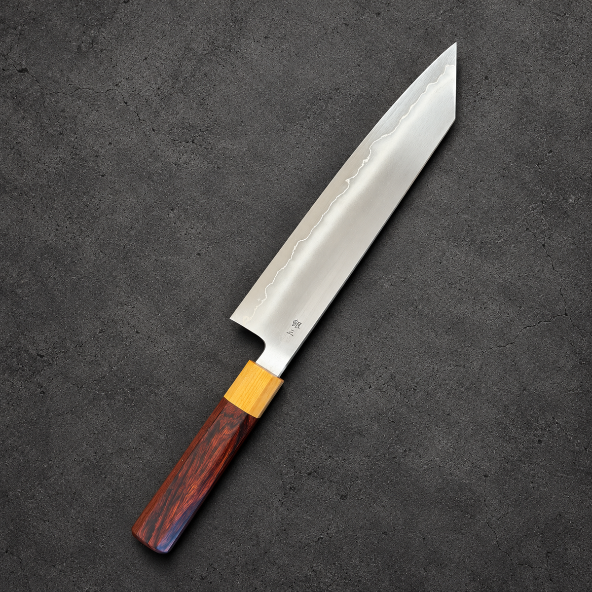 Reverse side of Tetsujin Ginsan Ukiba Kiritsuke Gyuto 240mm with rosewood handle