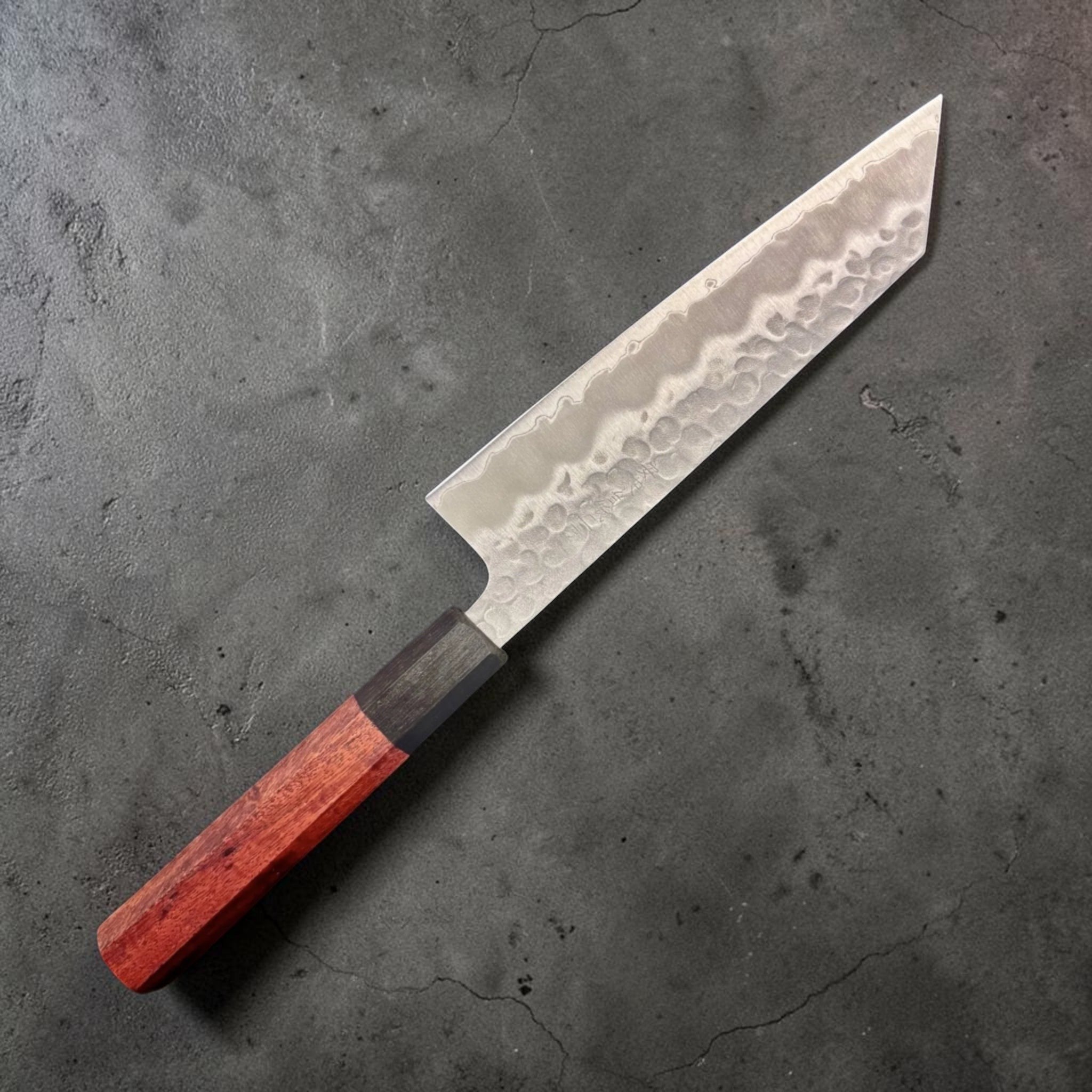 Tokushu White #2 stainless clad tsuchime bunka 175 mm – left‑hand hero shot highlighting hammered cladding.