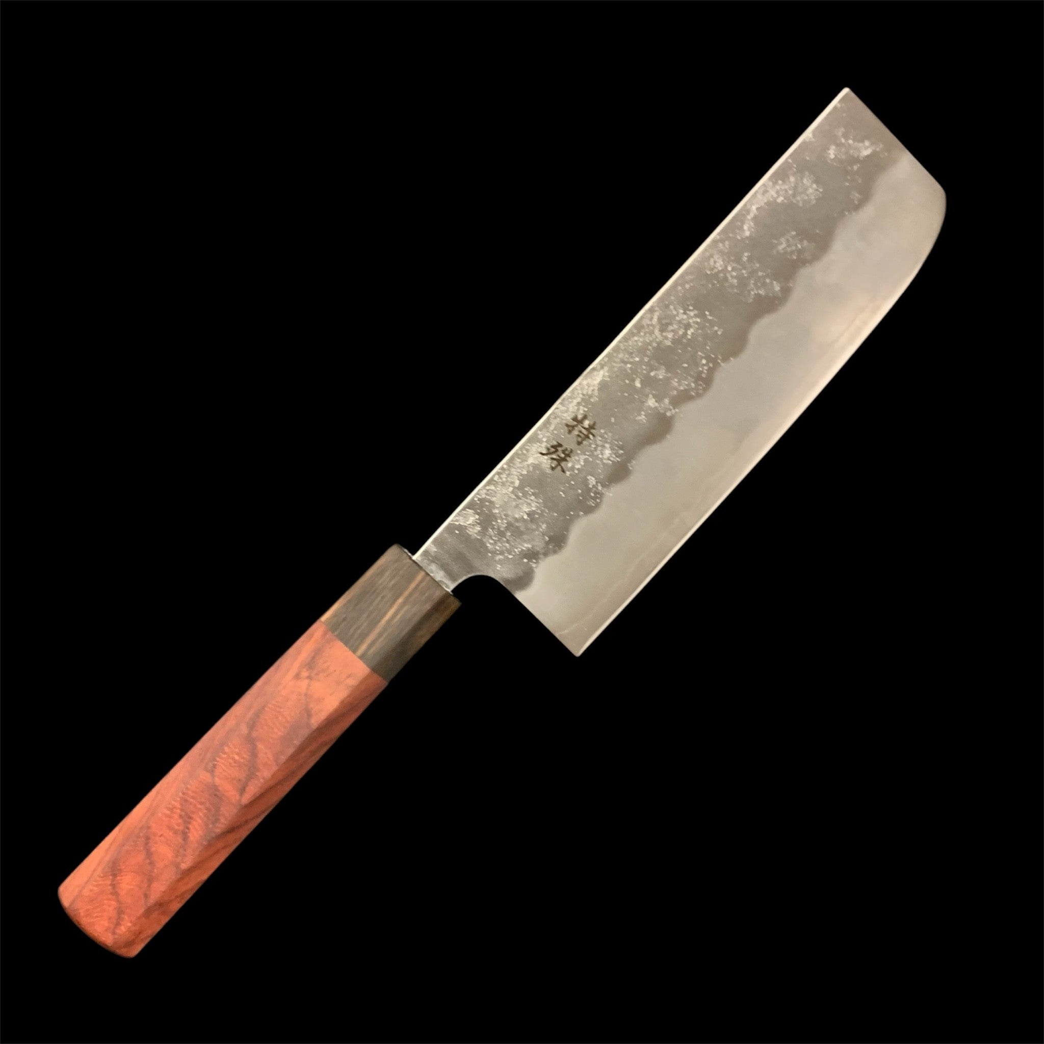 Tokushu Knife Ginsan #3 Nashiji Nakiri 165 mm, spine view from handle toward tip on white background.