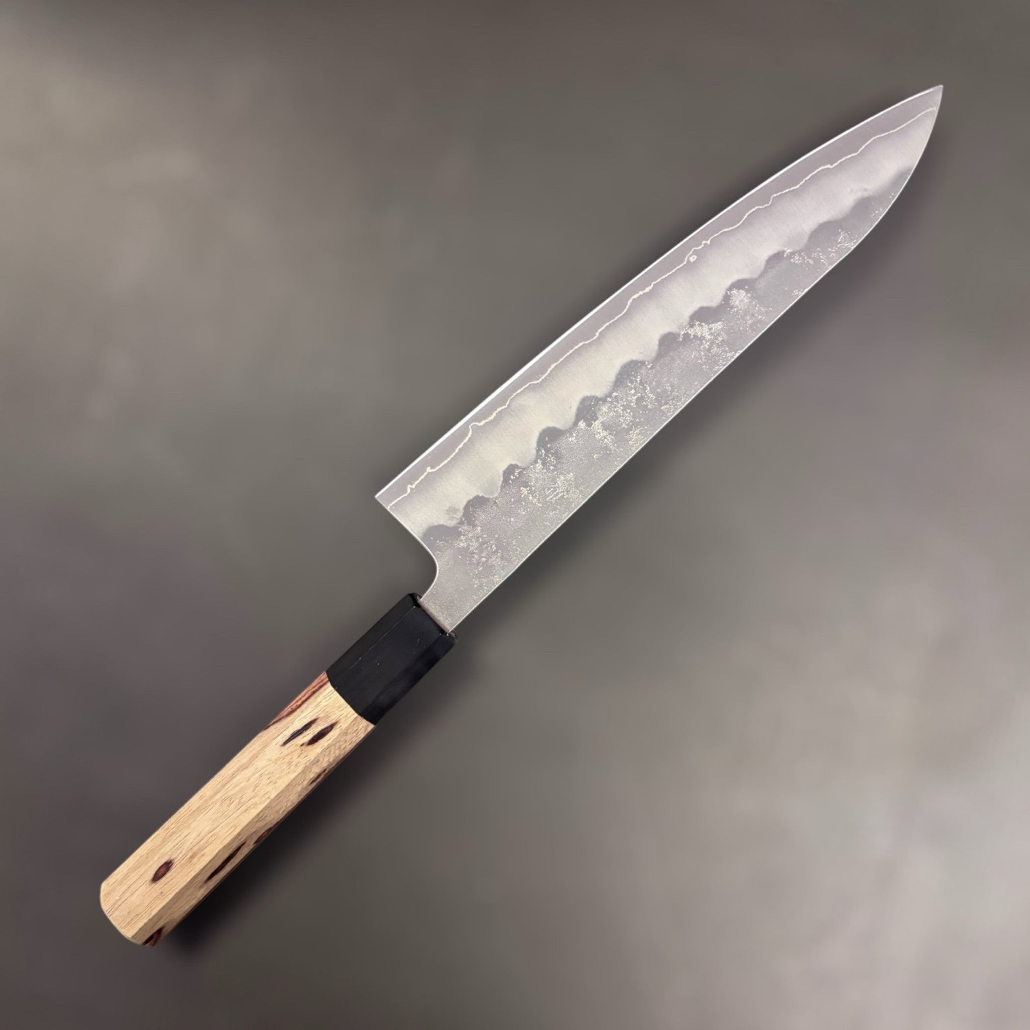 Tokushu Knife Special Edition Nashiji Ginsan Gyuto 210 mm, reverse side with kanji and frosted nashiji finish.