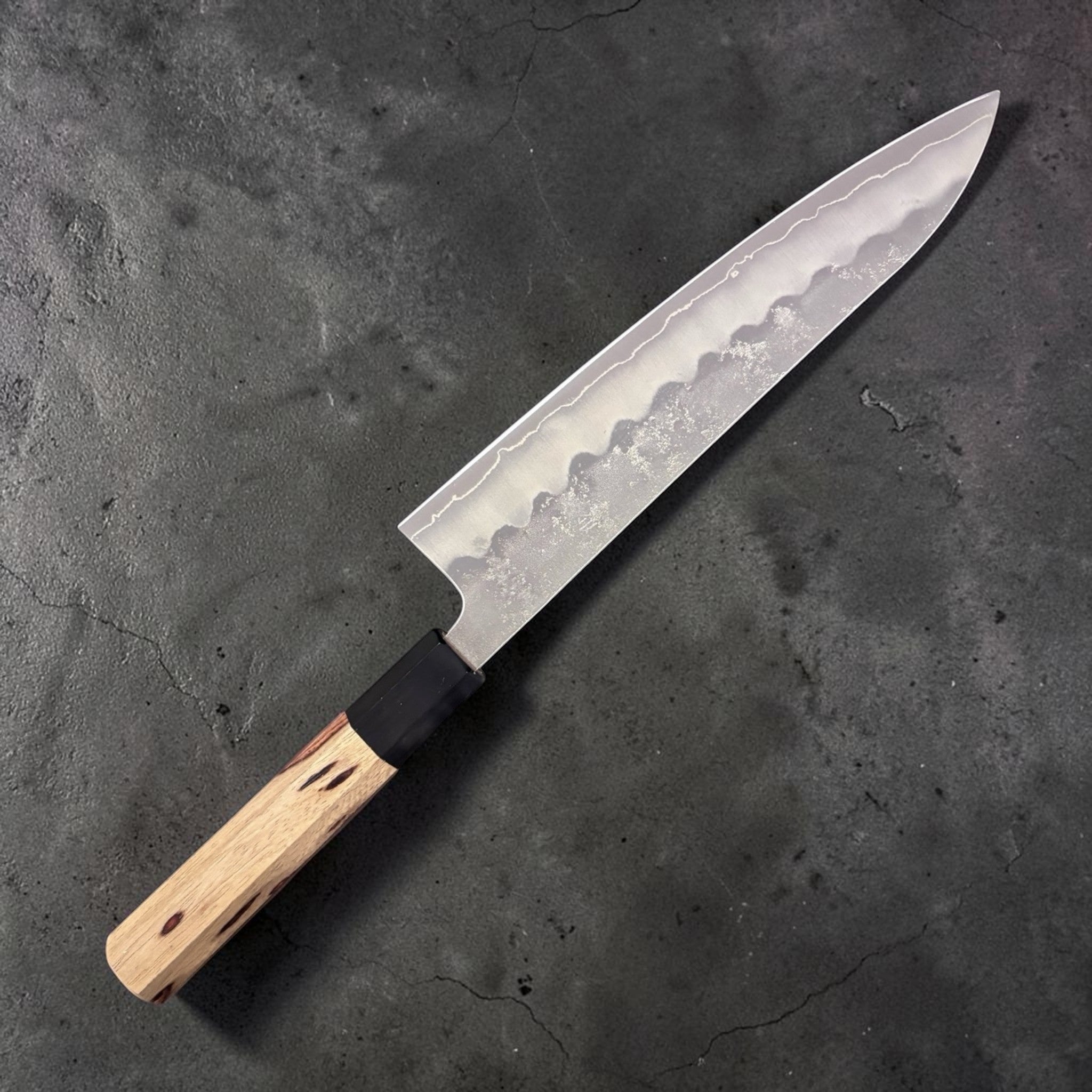 Tokushu Knife Special Edition Nashiji Ginsan Gyuto 210 mm, reverse side with kanji and frosted nashiji finish.