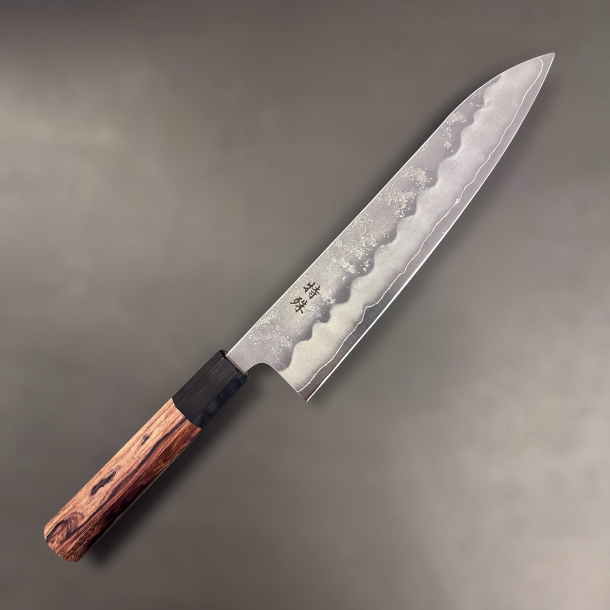Tokushu Knife Special Edition Nashiji Ginsan Gyuto 210 mm, full blade face showing nashiji texture and cladding line.