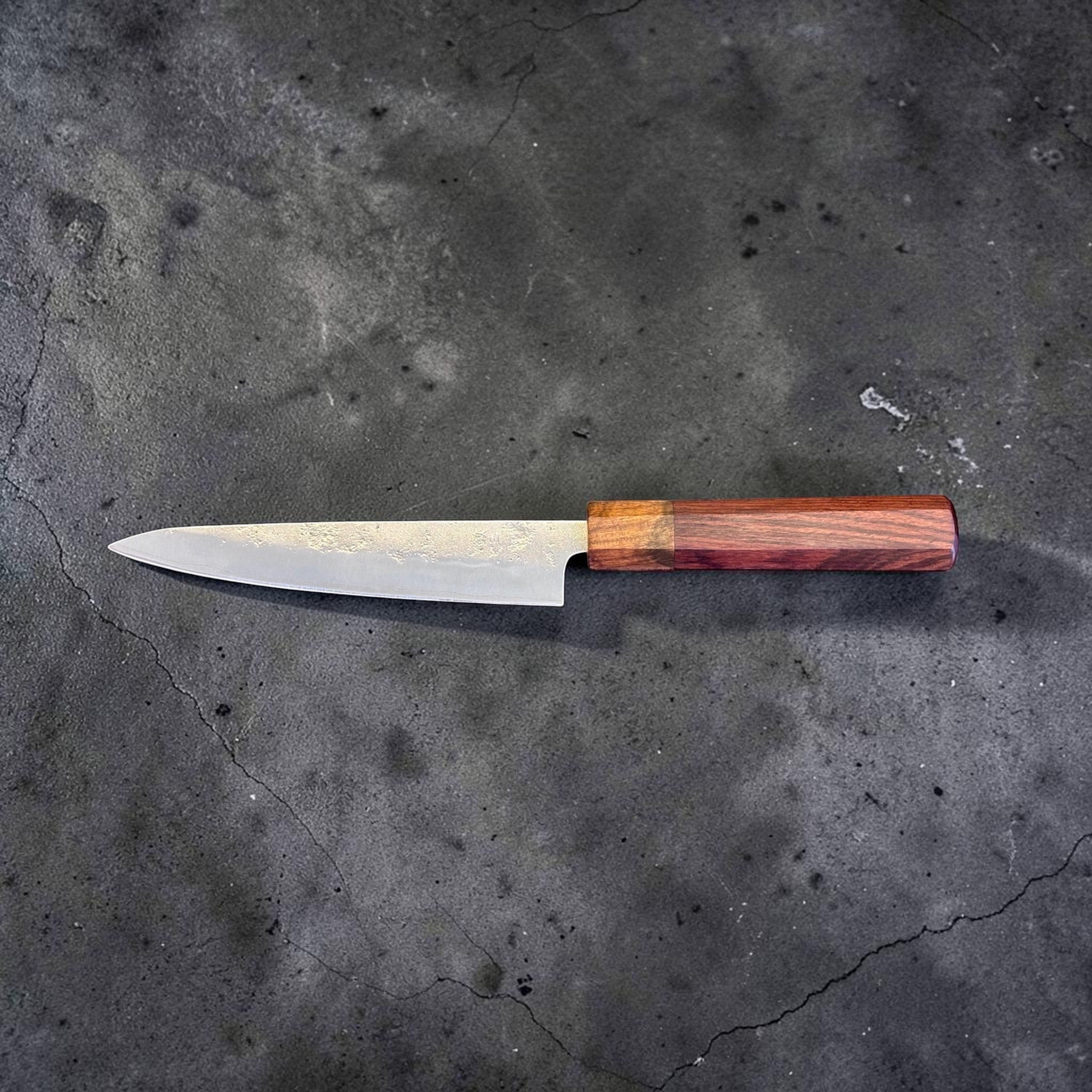 Tokushu Knife Nashiji Ginsan #3 Petty 150 mm with rosewood wa handle, side-profile product photo showing the 150 mm petty blade and rosewood wa handle.
