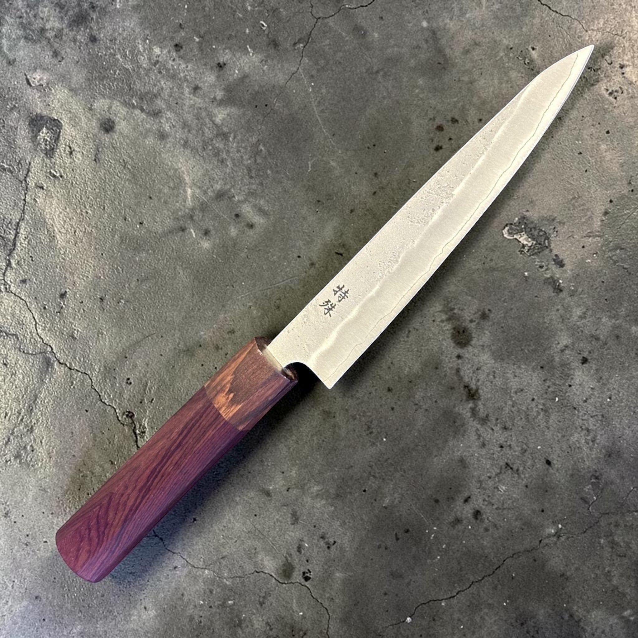 Tokushu Knife Nashiji Ginsan #3 Petty 150 mm with rosewood wa handle, angled product photo highlighting the blade shape, kanji, and rosewood wa handle.