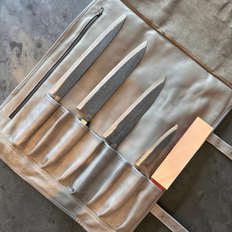 Tokushu Knife Premium Leather Japanese Knife Roll- light gray - Tokushu Knife