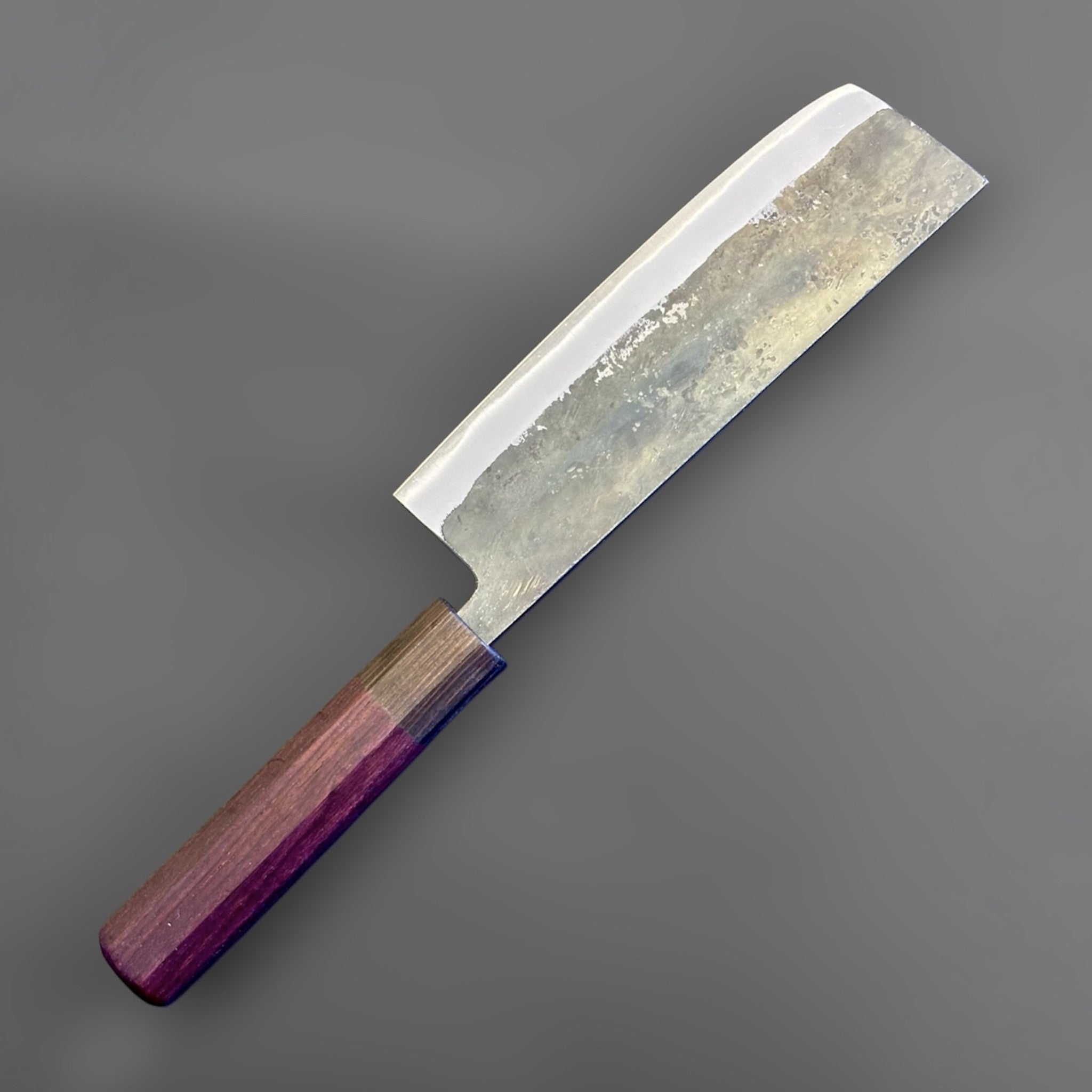 Tokushu Knife Rosewood Series White #2 Kurouchi 165 mm Japanese nakiri knife, angled reverse view with kurouchi blade finish and rosewood wa handle.