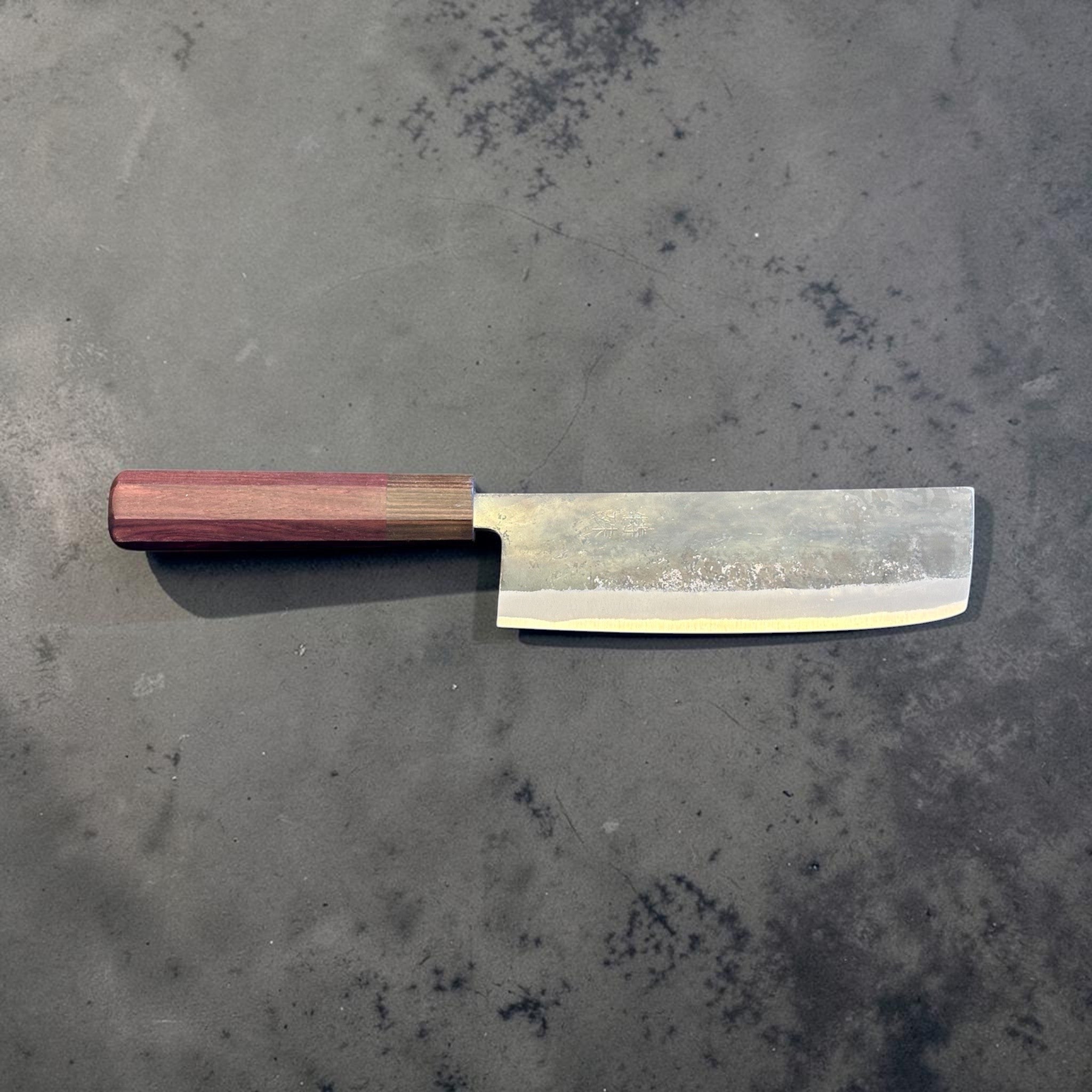 Tokushu Knife Rosewood Series White #2 Kurouchi 165 mm Japanese nakiri knife, full side profile showing rectangular nakiri blade and rosewood handle.