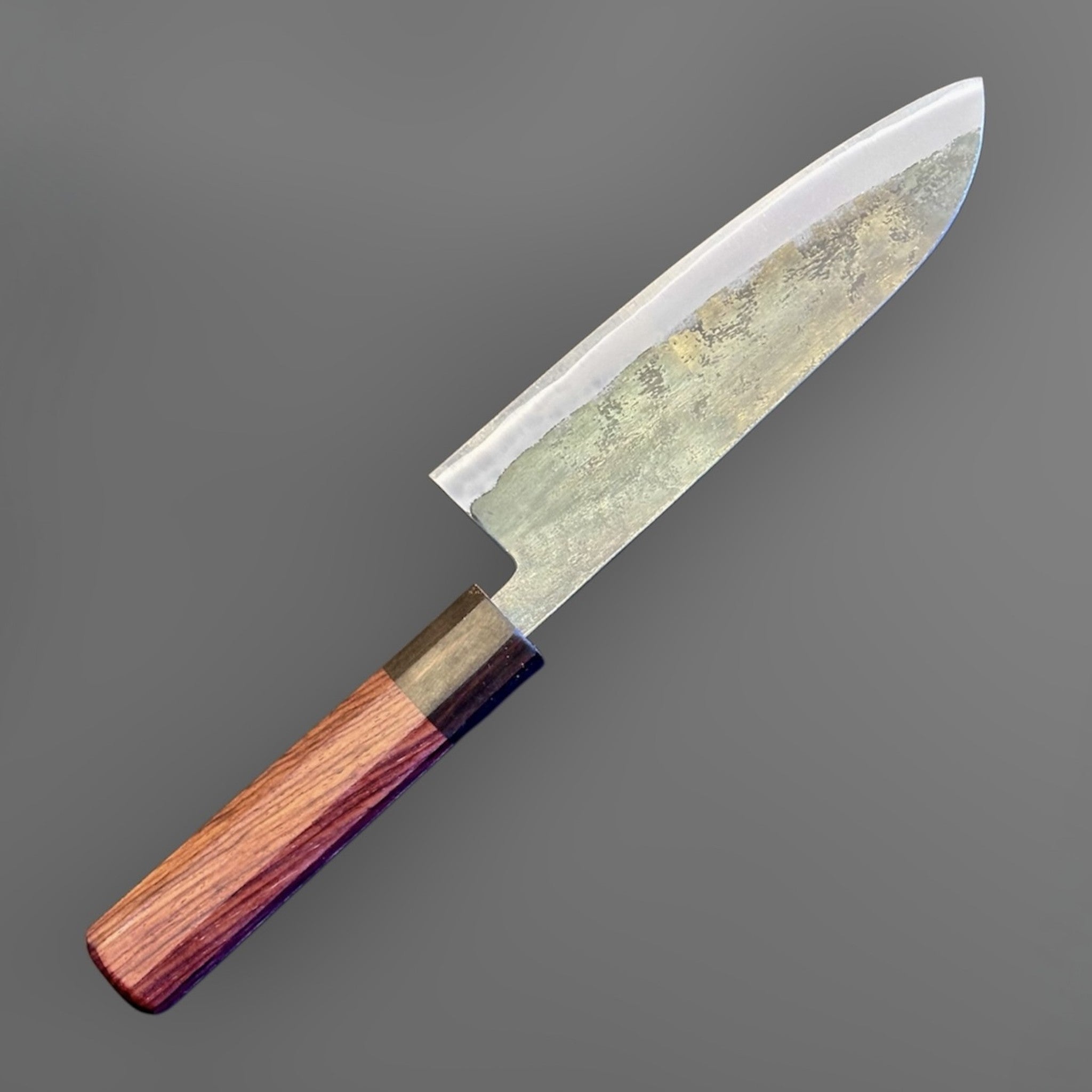 Tokushu Knife Rosewood Series White #2 Kurouchi 165 mm Japanese santoku knife, angled front view showing kurouchi finish and rosewood wa handle.