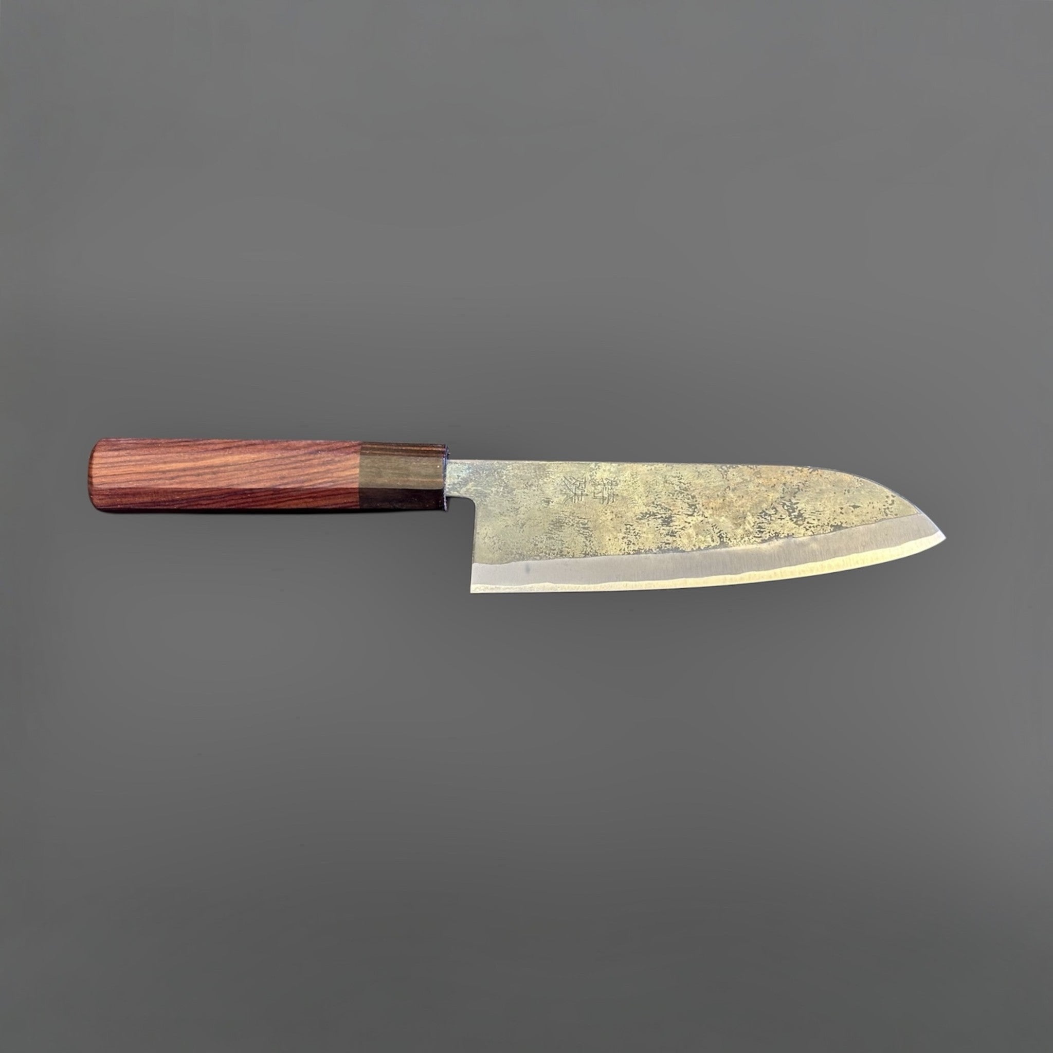 Tokushu Knife Rosewood Series White #2 Kurouchi 165 mm Japanese santoku knife, full side profile showing the broad santoku blade and rosewood handle.